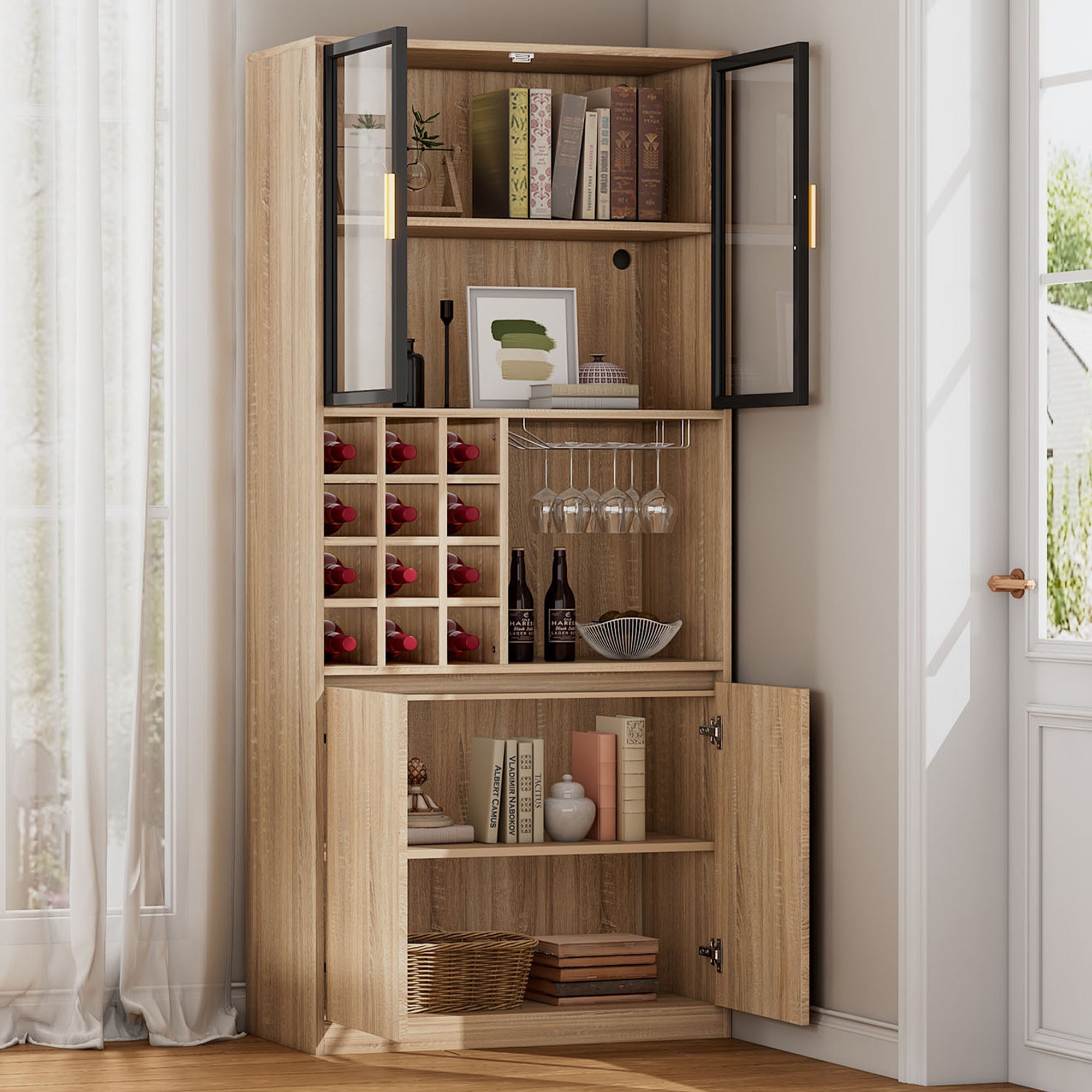 Witryna z 4 drzwiami i stojakiem na 12 butelek wina - 80 x 40 x 180 cm - drewno MDF - Naturalne