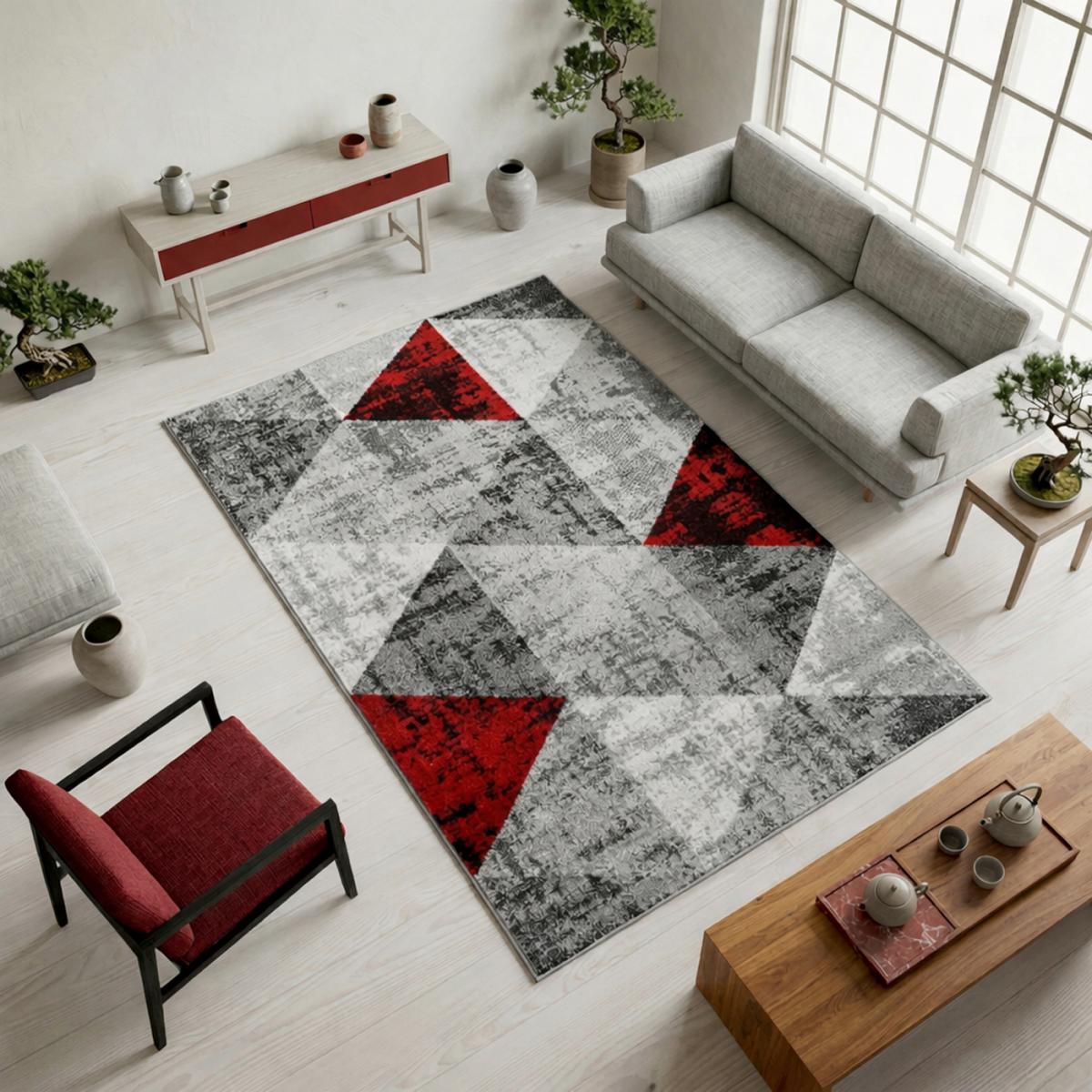 tapis salon 200x280 tissé rouge et gris rectangle motif géométrique SOLTAM - 8