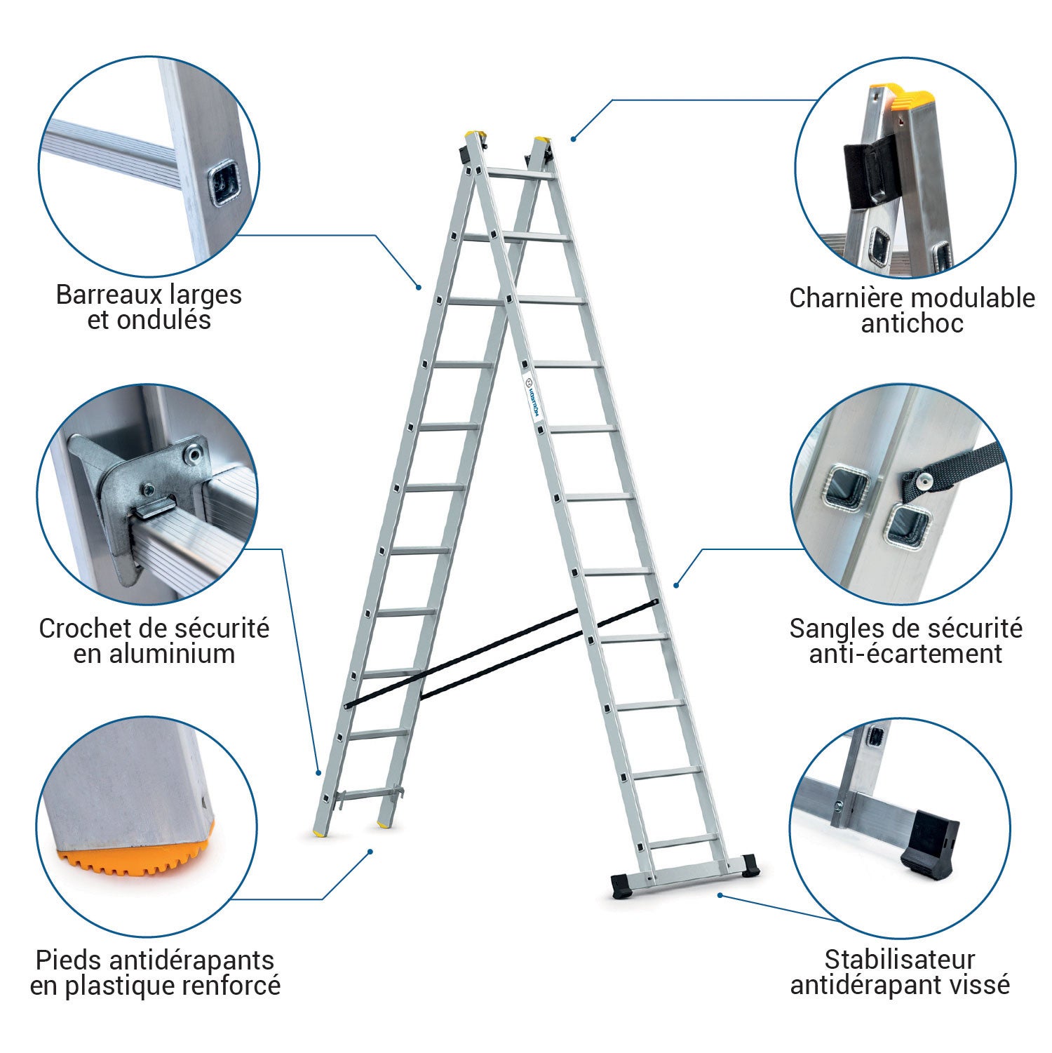 HOSTRÖM Echelle transformable 2 plans StablePro 2x11 marches aluminium extensible coulissante, 3 positions, hauteur travail max 5,78m, garantie 5 ans - 2
