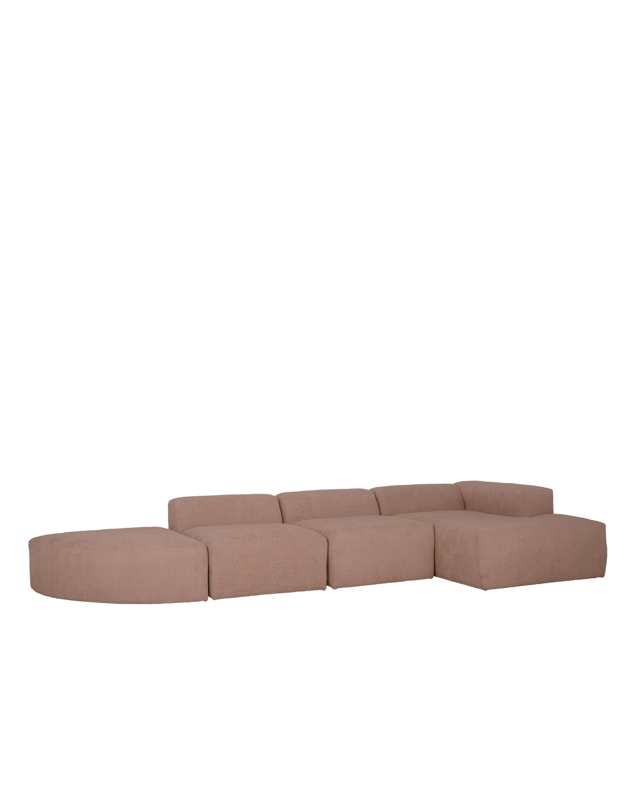 Sofá de 4 módulos curvo con chaise longue derecho bouclé rosa 410x70x172cm