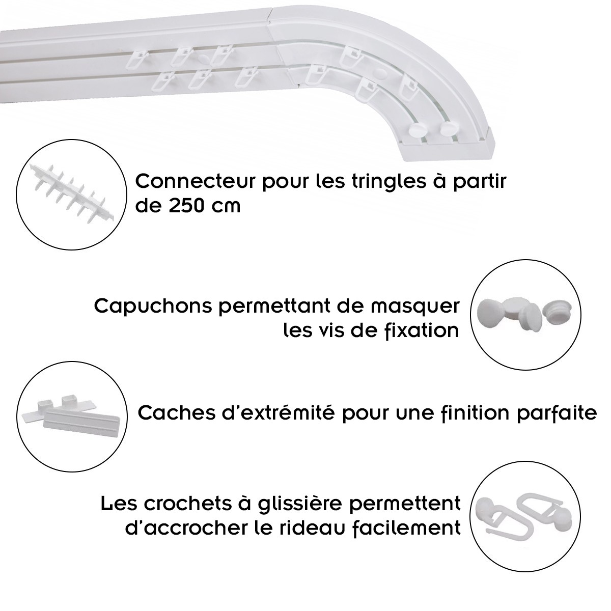 SIMI Rail de plafond tringle en PVC pour rideaux à crochets Blanc Double rail courbé 200 cm - 2