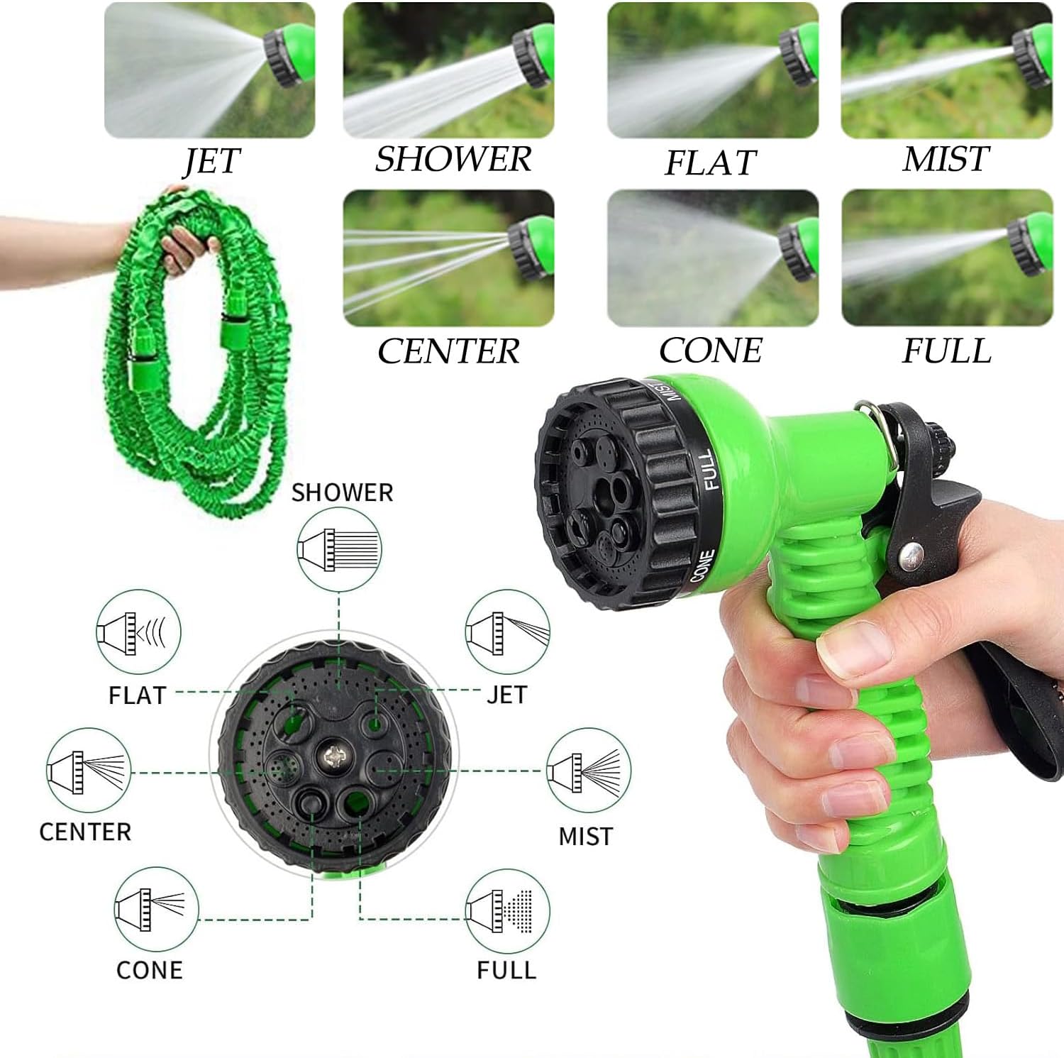 (Verde) Tubo da giardino retrattile da 7,5 m, 25 piedi, tubo da giardino retrattile con ugello a 7 funzioni - 3