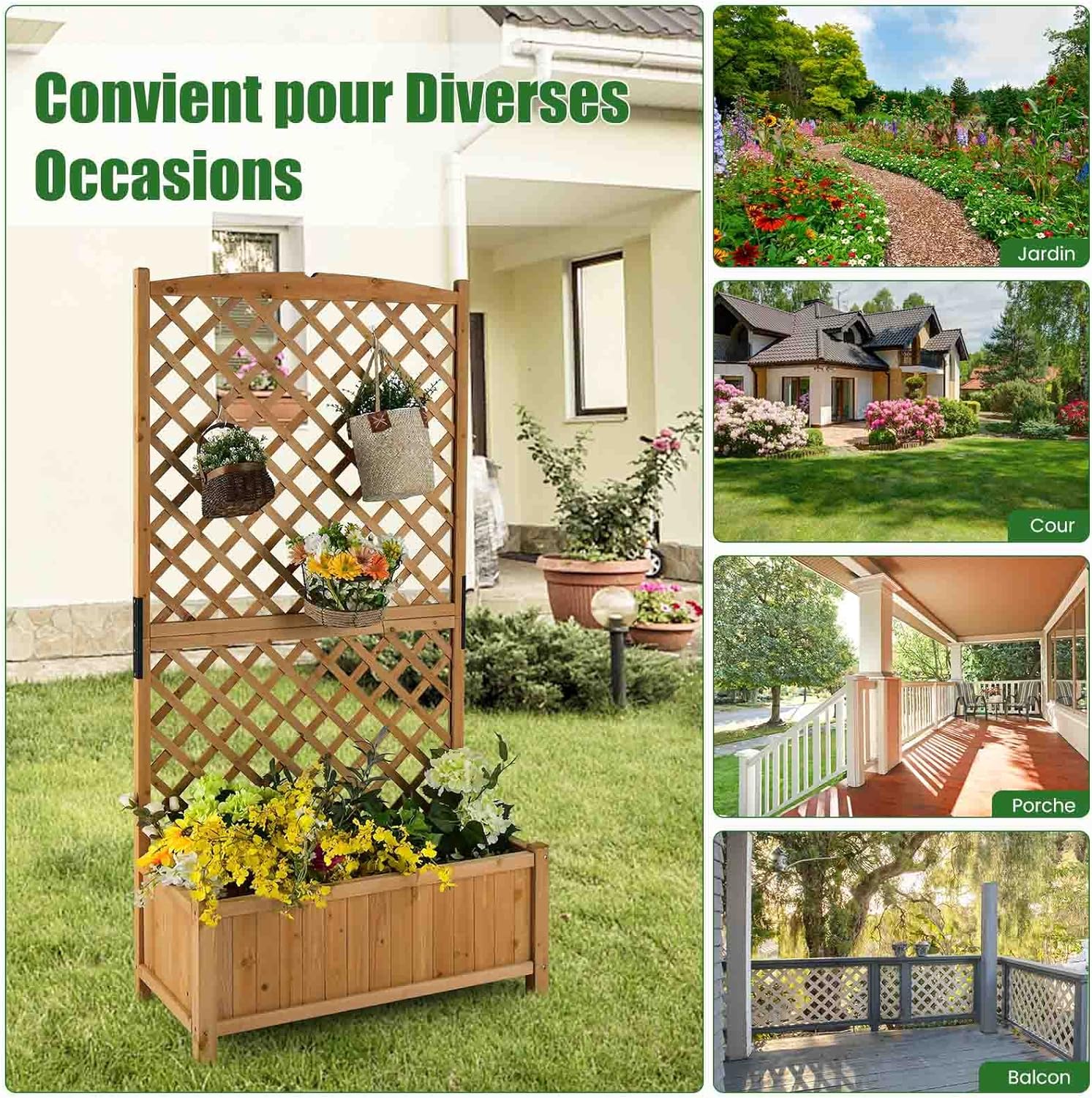 Fioriera da Esterno con Grigliato, Letto Rialzato in Legno con Traliccio e Fori di Drenaggio, Aiuola Rialzata per Piante Rampicanti e Fiori, 9 - 8