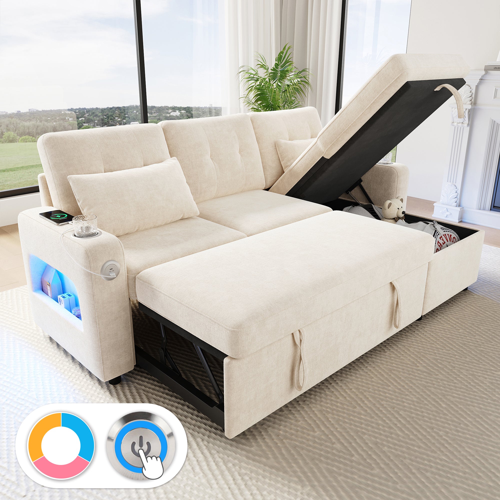 Kanapa narożna w kształcie litery L - ze schowkiem - portami USB/Typ-C - uchwytami na kubki - oświetleniem LED - beżowy