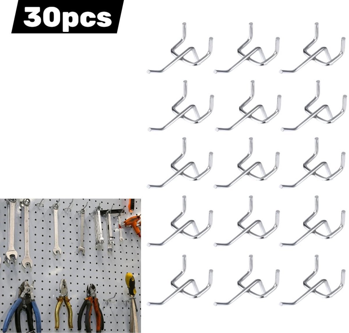 30 bucăți, Cârlige perforate pentru perete, Cârlige pentru panouri perforate, Argintiu (distanță între găuri 32 mm, lungime 50 mm, grosime 32 mm)