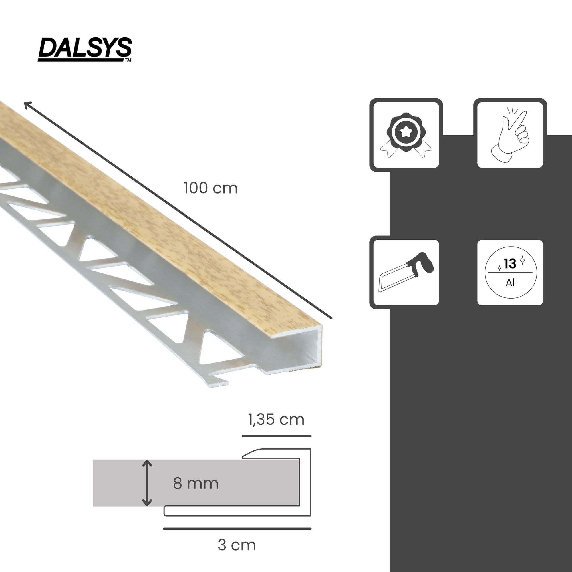 Profil de transition 100 cm pour revêtement 8 mm, à encastrer (carrelage), aluminium anodisé, chêne noble - Dalsys - 2