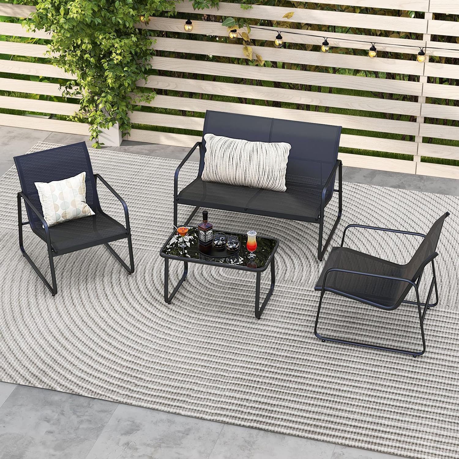 Salon de Jardin 4 Pièces avec 2 Chaises Table en Verre Trempé et Causeuse, Cadre Métallique, pour Porche Bord de Piscine Balcon, Noir - 8