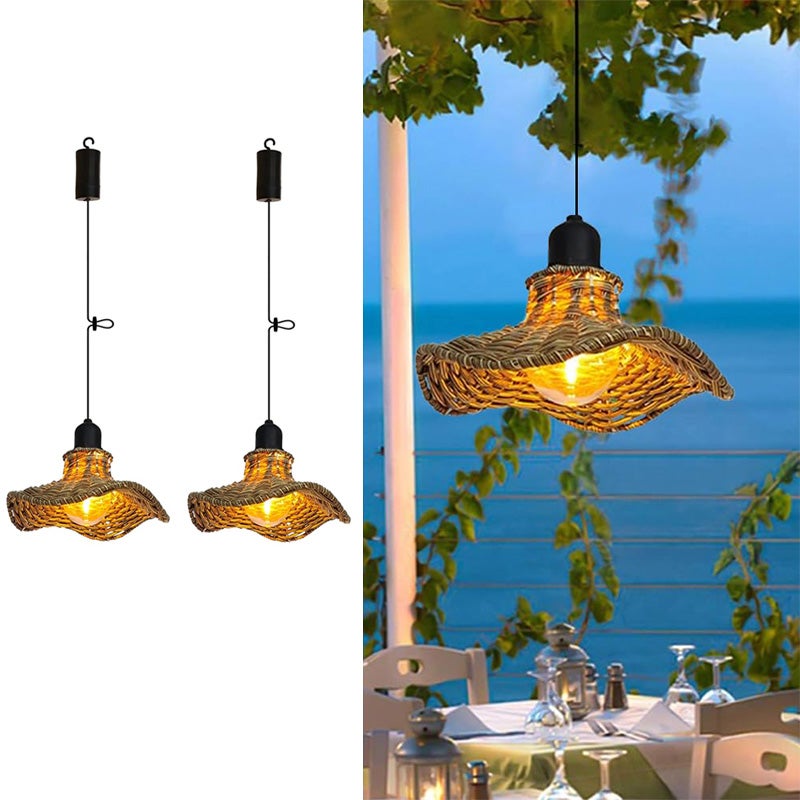 Zestaw 2 żyrandoli LED z rattanu w stylu vintage, ręcznie robione w stylu boho, zasilane bateriami/bez pilota, 18,5 x 7,5 cm, ciepłe światło