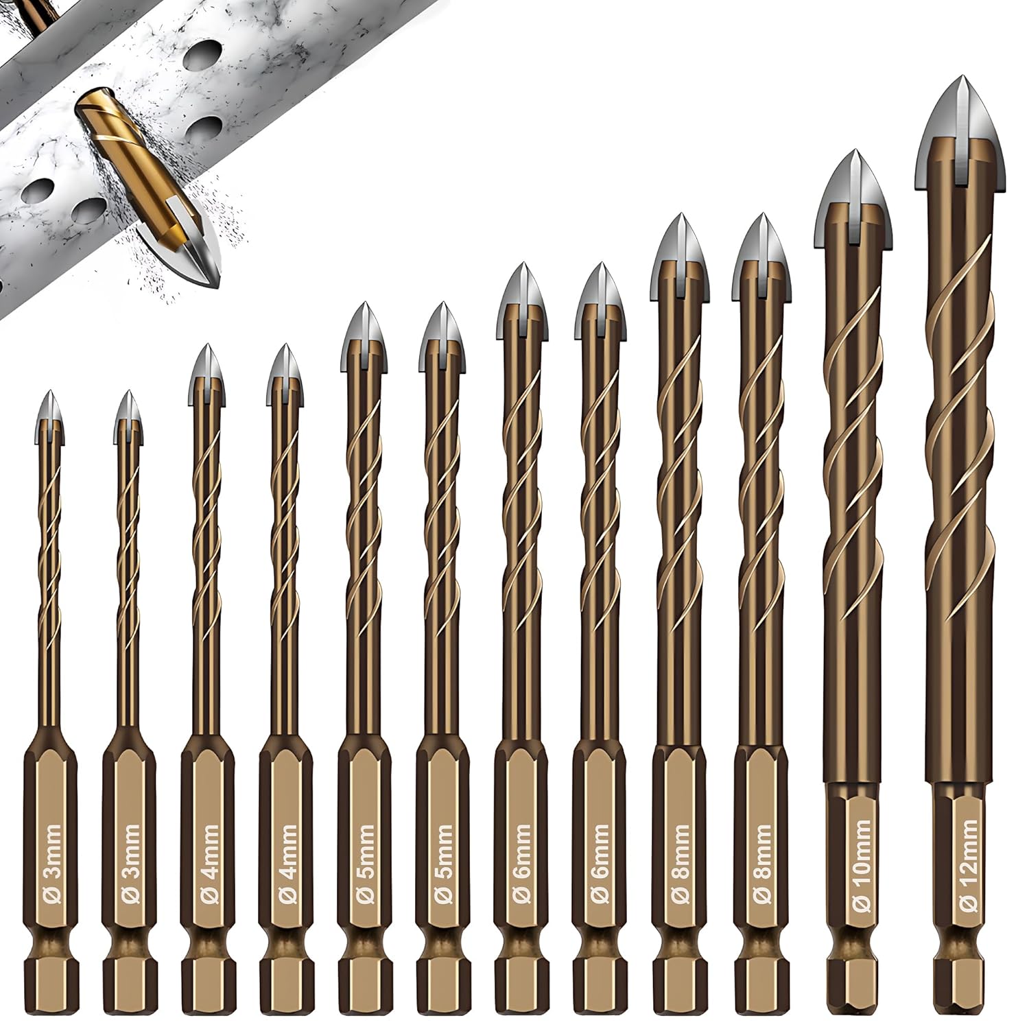 Zestaw 12 wierteł do płytek, diamentowe wiertła do płytek Ø 3-12 mm, wiertła sześciokątne do płytek, do szkła, metalu, cegły, plastiku, drewna