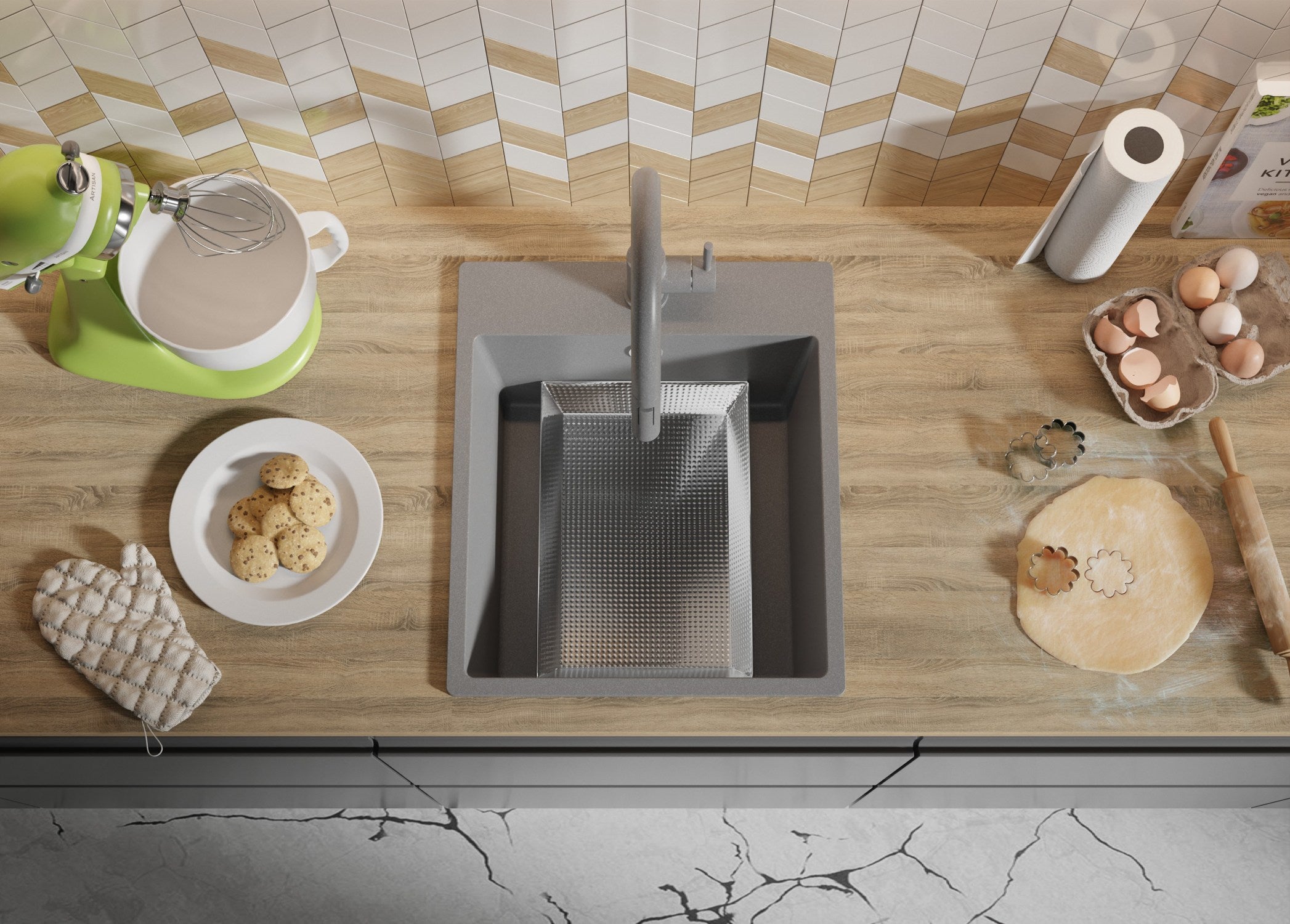 Evier Cuisine en Granit Gris 43x50cm, Lavabo 1 bac + Kit de Vidage, Évier à Encastrer au meuble 45cm - Riga PRIMAGRAN - 9
