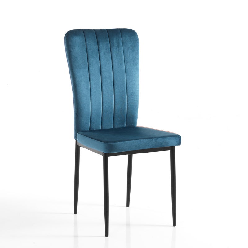 Zestaw 4 krzeseł DUDU Blue z niebieskiego aksamitu z mikrofibry, matową czarną metalową ramą, wyściełanym siedziskiem i wyrafinowanym wzornictwem