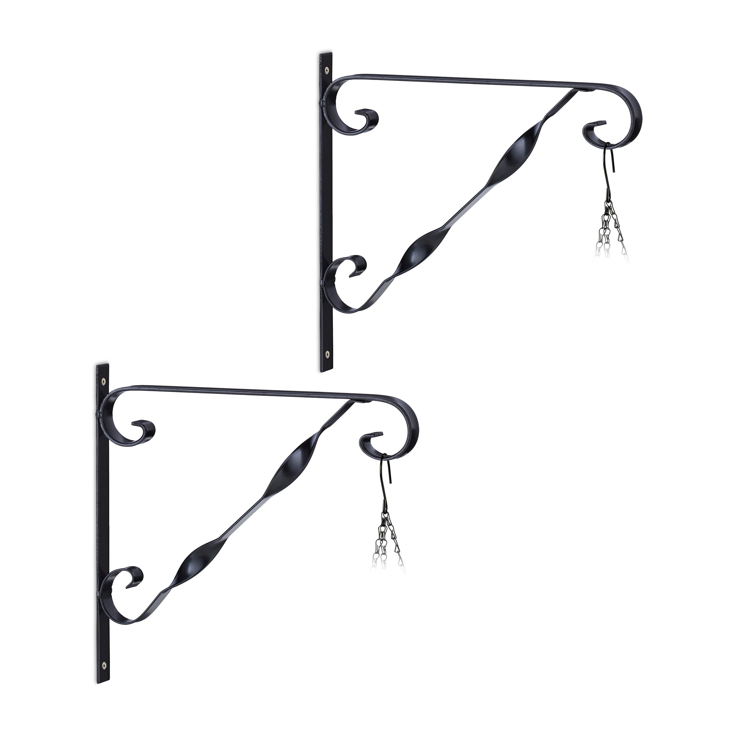 Relaxdays Set 2 Ganci Portavasi A Parete Con Uccellino - Ferro Nero, 30x29,5x2 Cm, Per Vasi Sospesi, Lanterne E Cesti, Max 5 Kg