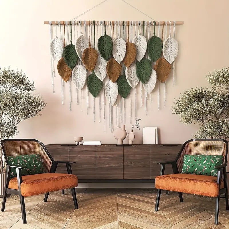 Grande tapisserie murale bohème en macramé à motif de feuilles avec pompons - Décoration artisanale multicolore pour salon ou chambre - 4