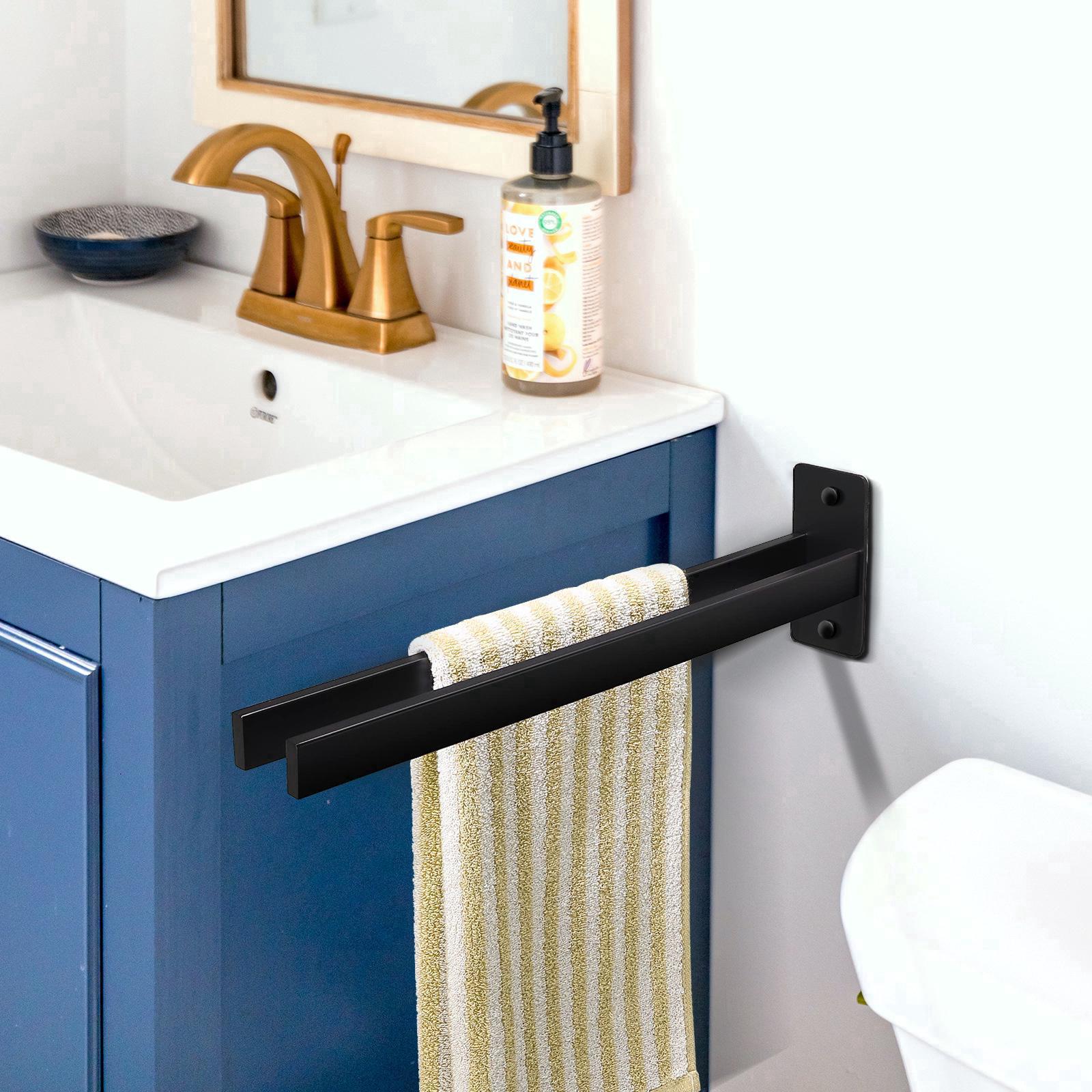 Porte-serviettes carré en acier inoxydable avec deux bras, porte-serviettes mural pour salle de bain et cuisine, noir mat, 39 cm - 4