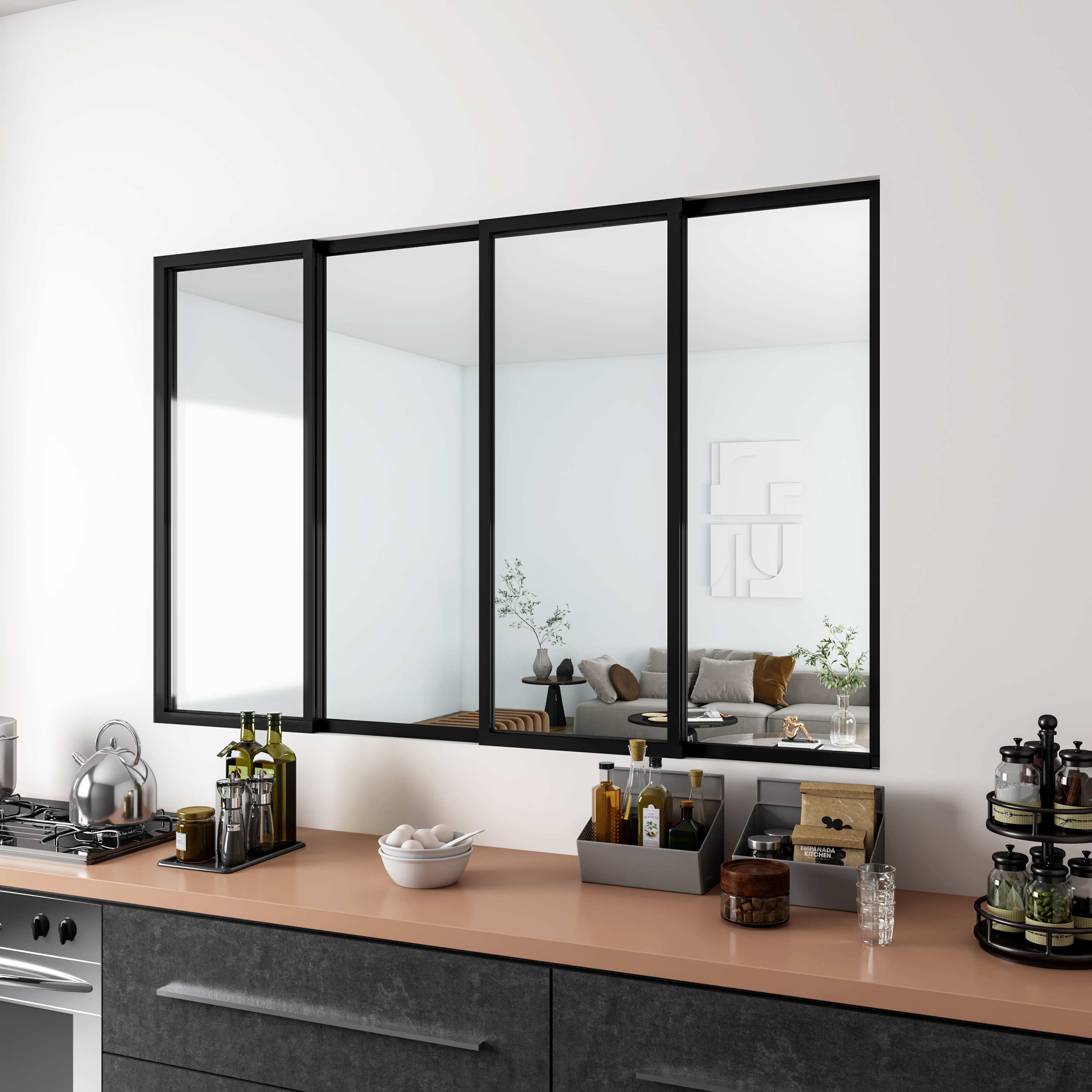 Verrière atelier coulissante en alu noir, 183 x H.108cm, 4 vitrages ( 2 fixe + 2 mobile ) clairs inclus, en kit complet - 3