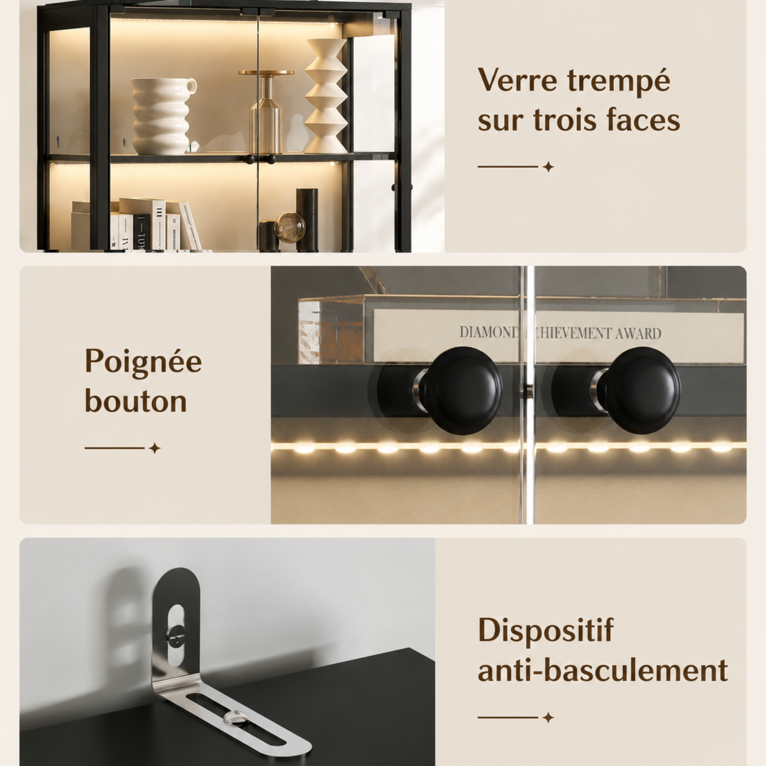 Vitrine Armoire 4 portes avec Lumière Intelligente et Boîtier intelligent, Salon et Chambre, 80x35x165, Noir - 5