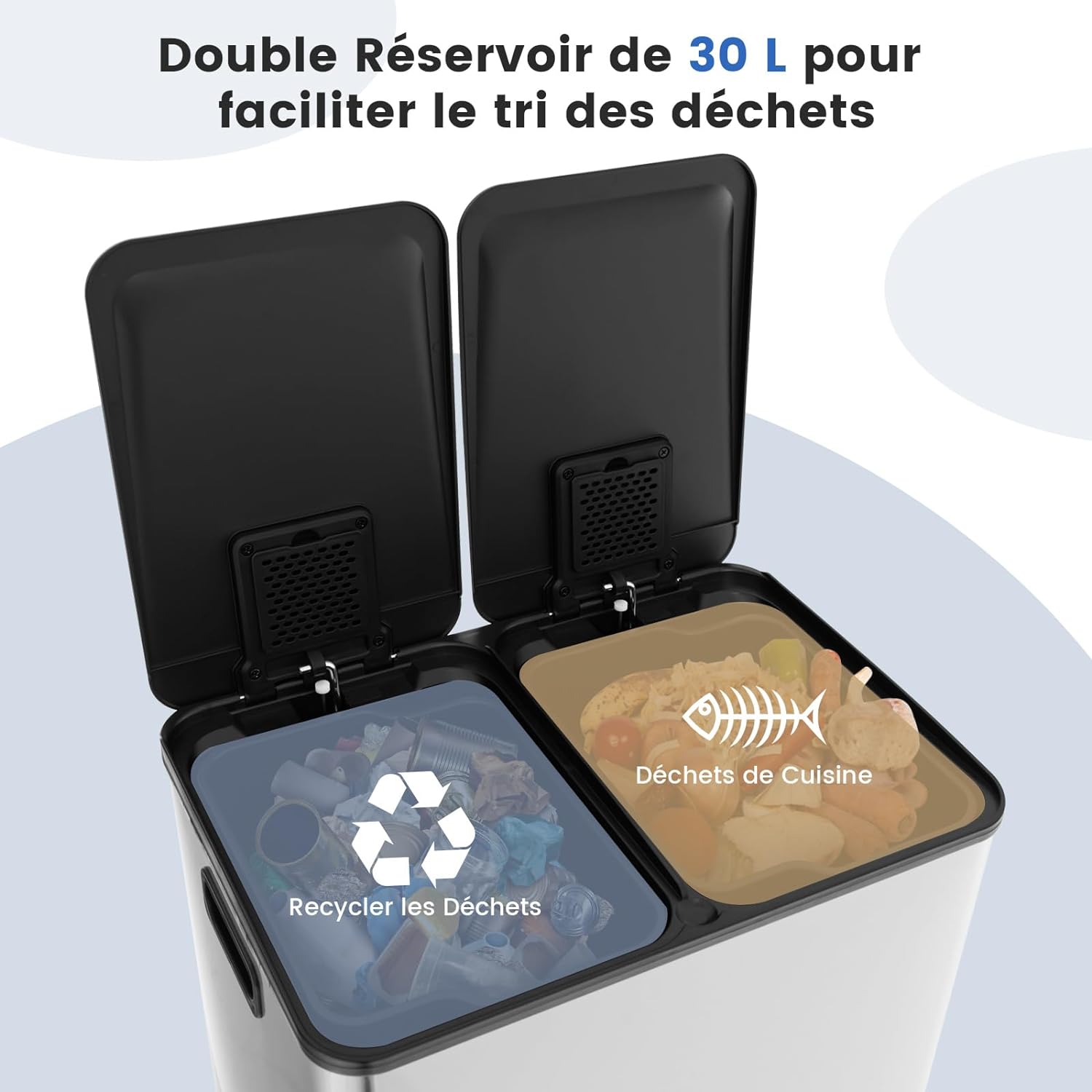 Poubelle Double Compartiments 2 x 30L, Fermeture en Douceur, Casier pour Désodorisant - 2