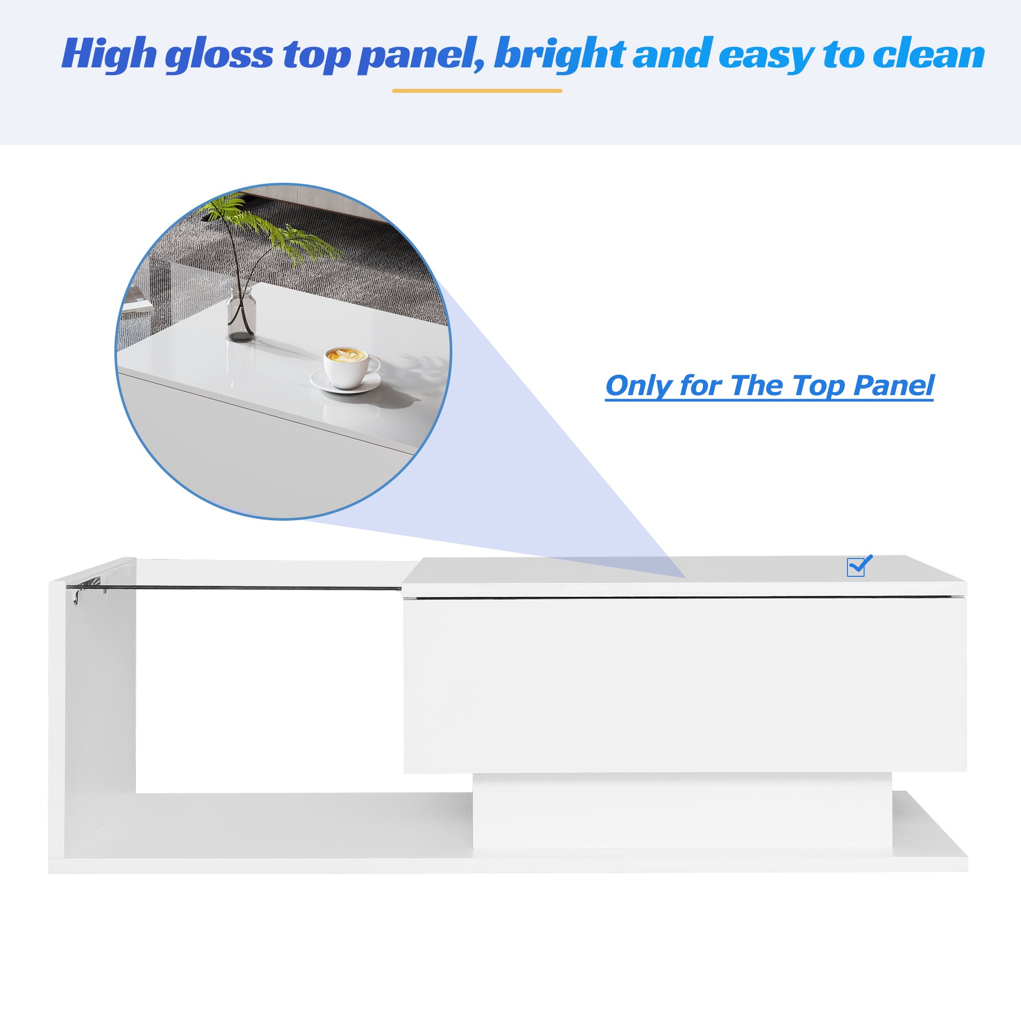 Table basse avec grand tiroir - 100x50x32 cm - LEDs - plateau en verre - Panneaux de particules - Blanc brillant - 8