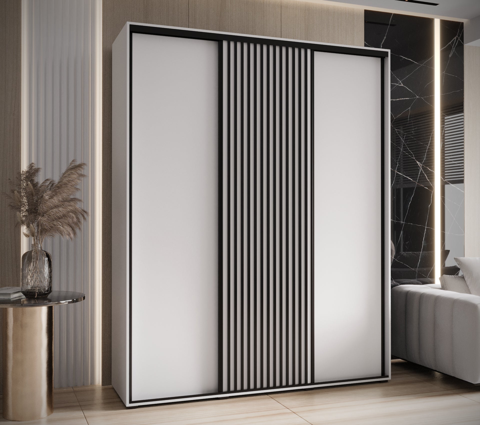 Szafa przesuwna wysoka Lanko 1 190 x 60 x 235,2 cm biały + biały + lamele czarny - Abiks Meble - 2