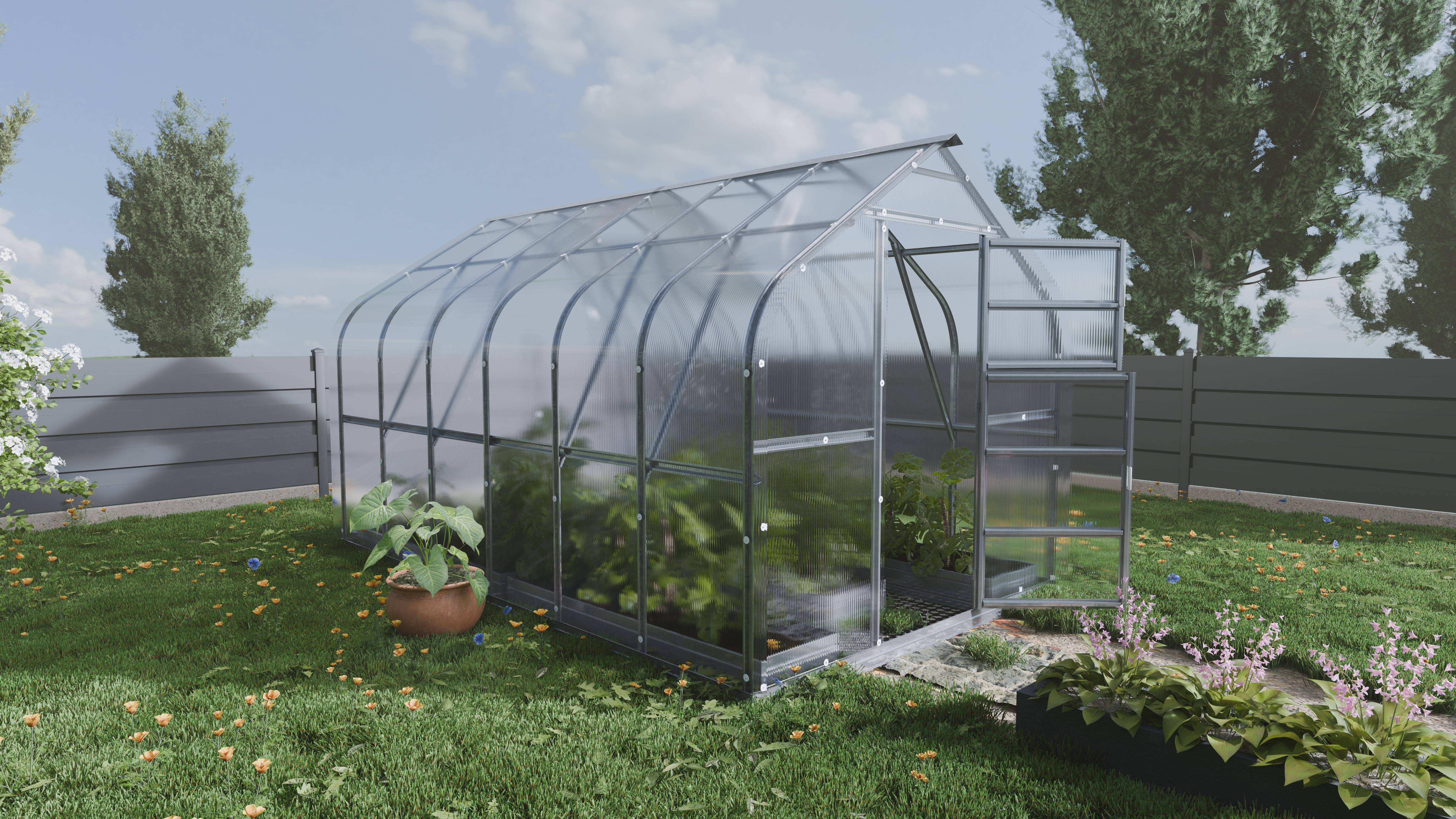 Szklarnia KLASIKA Standard 10 m2, 2,5 m x 4 m, 4 mm z powłoką z poliwęglanu (z 2 automatycznymi otwieranymi dachami) 1szt.