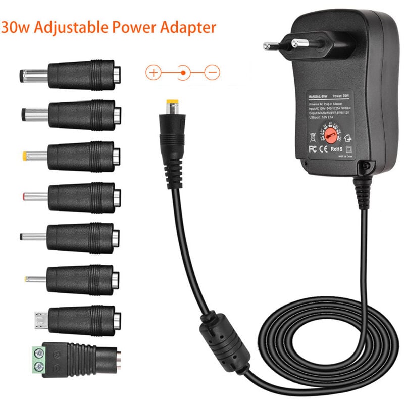 Uniwersalny zasilacz AC do DC 30 W 3 V 4,5 V 5 V 6 V 7,5 V 9 V 12 V, wielonapięciowy adapter z 8 gniazdami DC do urządzeń elektronicznych domowych