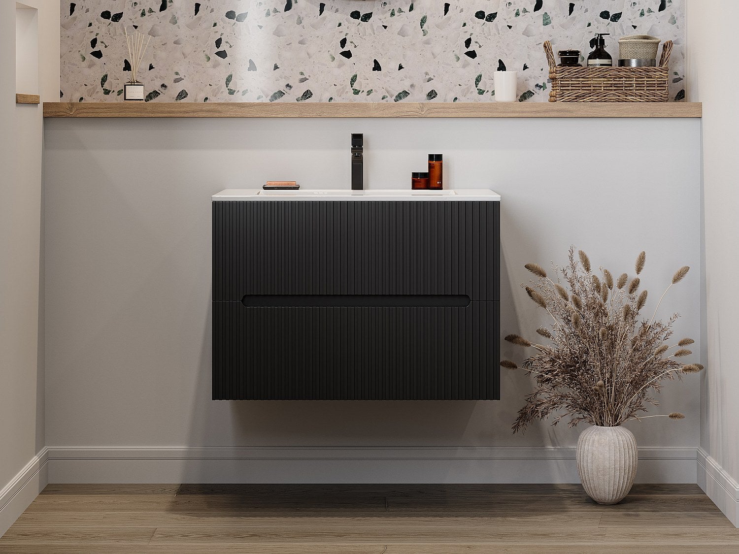 Szafka łazienkowa wisząca z umywalką do zabudowy – ryflowana czarna – 80 cm – PAVANI