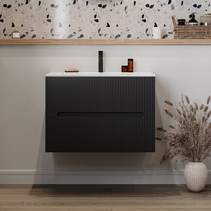 Szafka łazienkowa wisząca z umywalką do zabudowy – ryflowana czarna – 80 cm – PAVANI