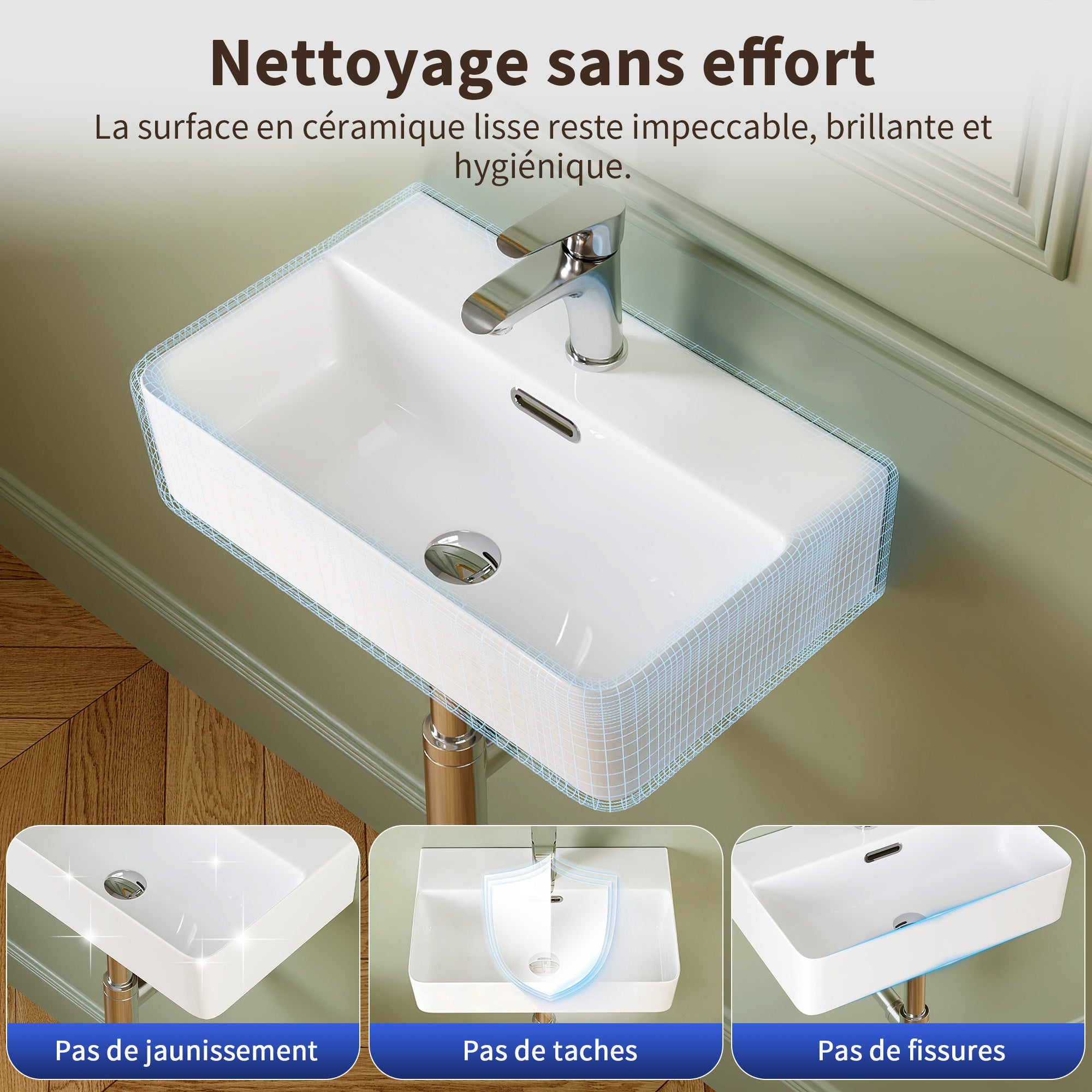 Vasque lave-main 46 cm céramique – Bord fin, coins arrondis – Bonde & trop-plein inclus – Vasque salle de bain à poser ou mural – Idéal lave main wc - 4