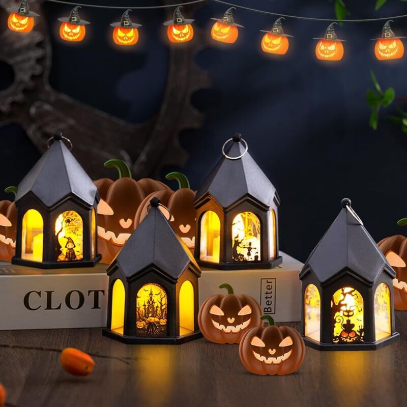 Latarenka Halloween, 4 szt. Lampionów Zewnętrznych, Dekoracja Halloween z 4 Różnymi Wyrazami, latarenka na świeczkę, Dyniowa latarenka Halloween