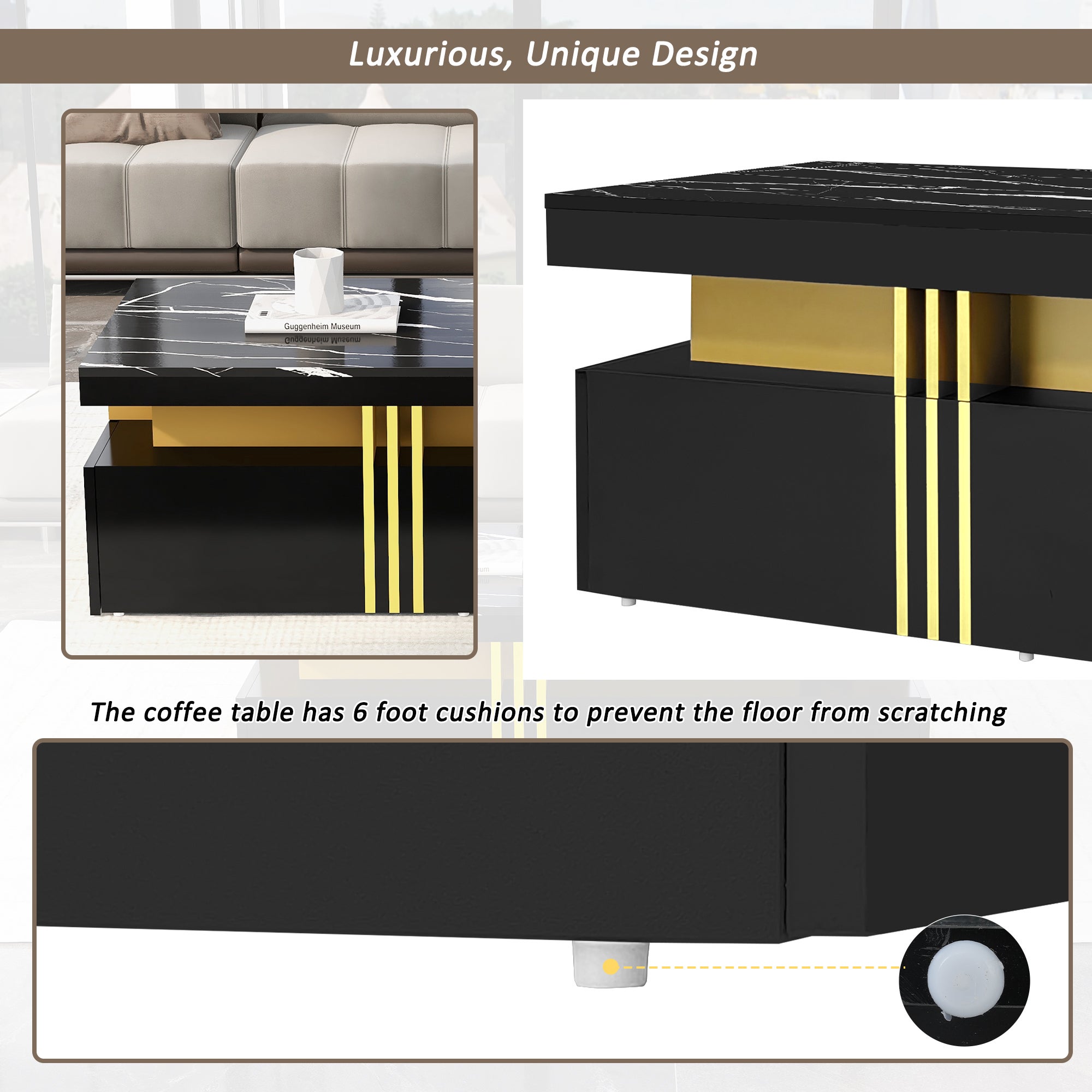 Table basse rectangulaire moderne avec plateau à motif PVC et 2 tiroirs en bois, table de salon, 100 x 50 x 40 cm - 5