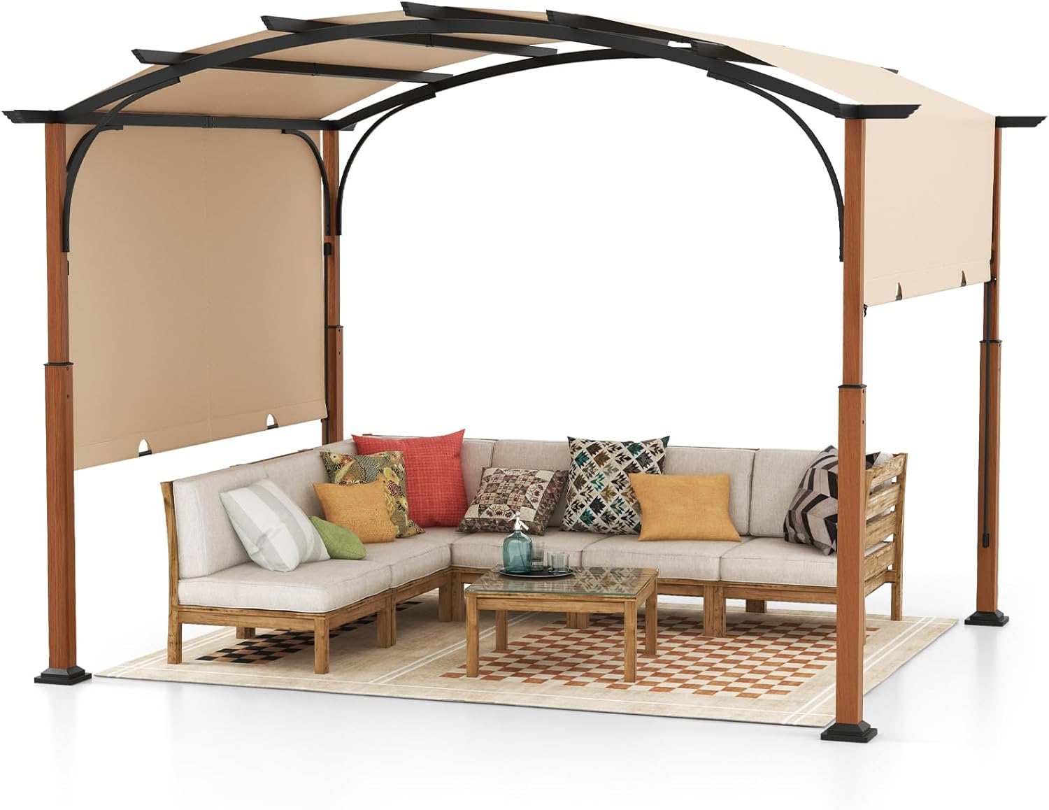 Pergola z wysuwanym dachem, pawilon 3,6 x 3 m, wodoszczelna, stabilna, odporna na zimę, pawilon ogrodowy z wytrzymałymi metalowymi kolumnami (beżowa)