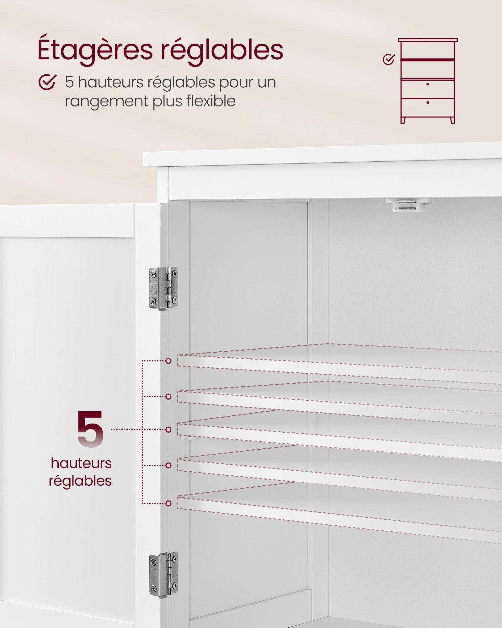 Armoire de Salle de Bain, avec 2 Tiroirs et 2 Portes, Étagères Réglables, 60 x 30 x 110 cm, Blanc - 4
