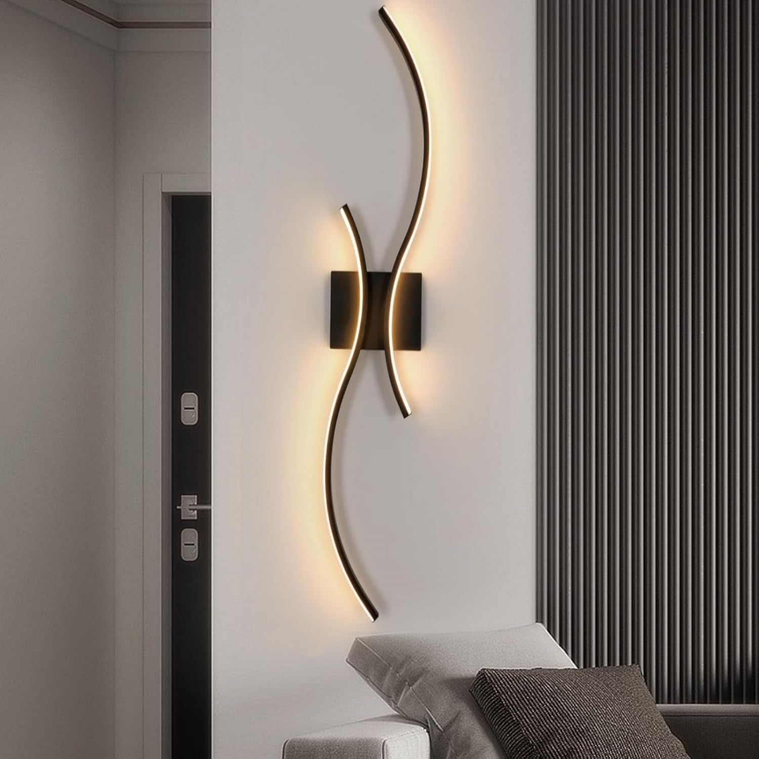 Nowoczesna lampa ścienna LED 30 W – zakrzywiony kształt, ciepła biel 3000 K, do sypialni, salonu, przedpokoju, czarna, 80 cm