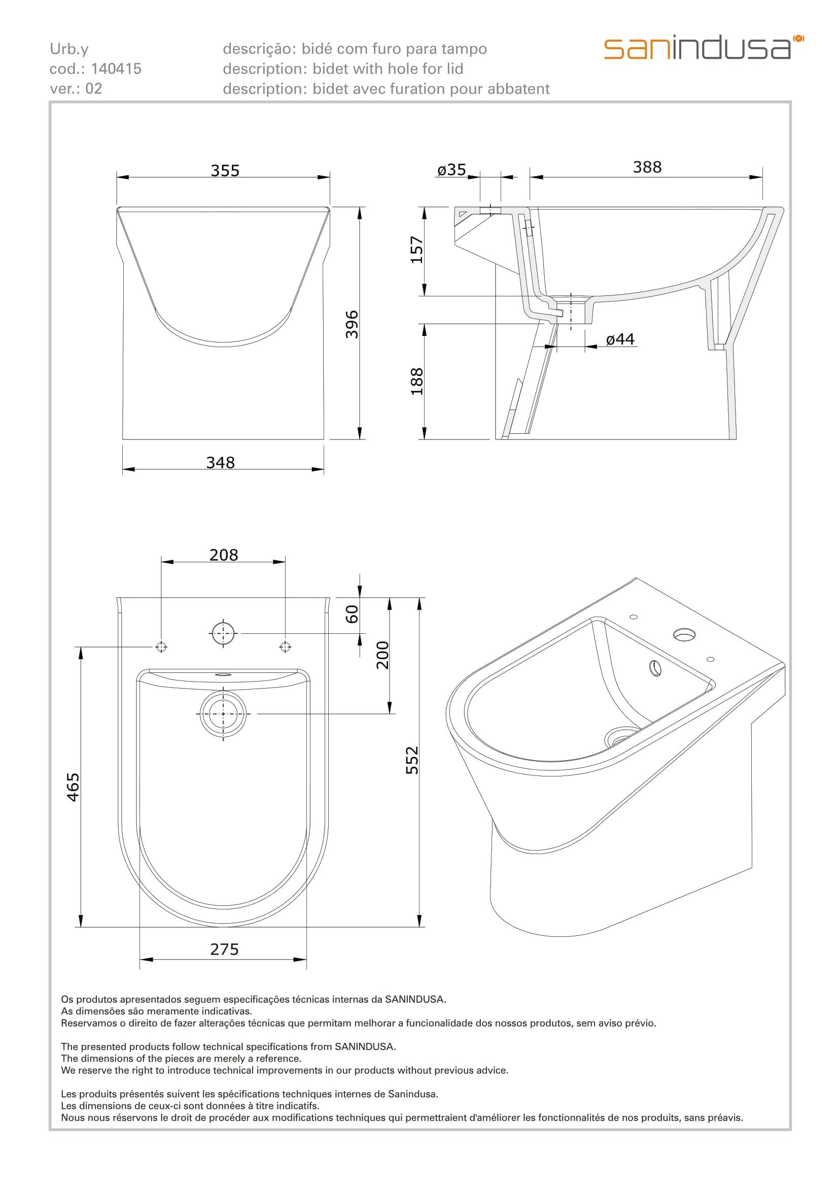 Bidet UrbY céramique traditionnelle SANINDUSA pose au sol avec trous abattant (abattant non compris) blanc - 3