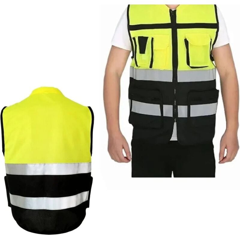 Gilet de sécurité réfléchissant jaune, gilet de sécurité à fermeture éclair haute visibilité avec poches pour le travail - 2