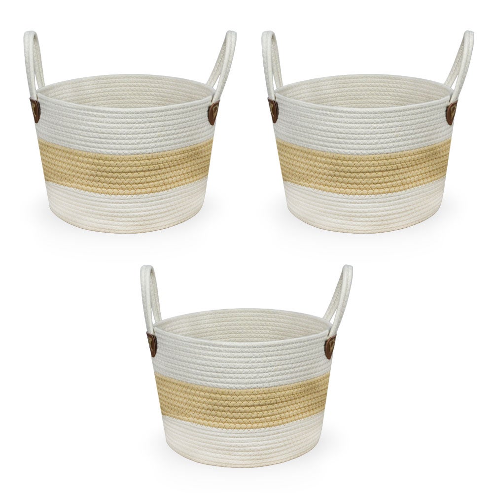 Cestas de almacenamiento de cuerda blancas y beige con asas, 33 x 33 x 33 cm (juego de 3).