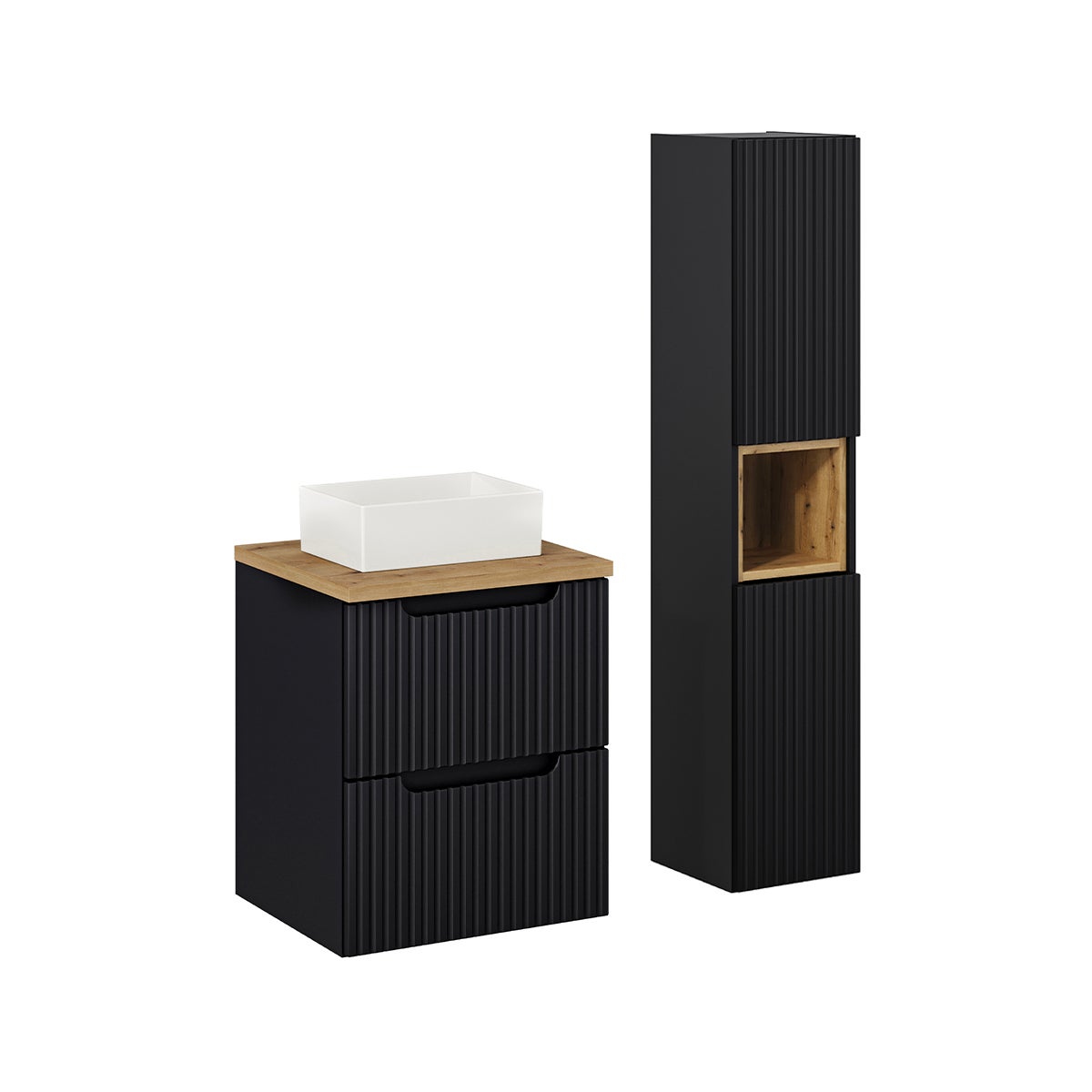 Conjunto de muebles con lavabo individual 50cm 2 cajones y columna riva negro y madera