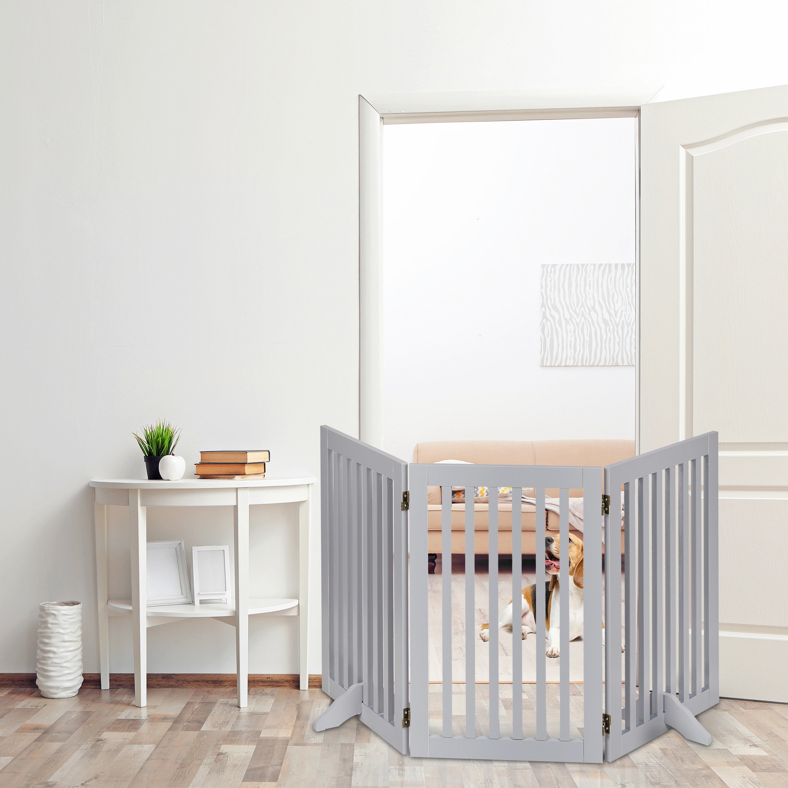 Barrière de sécurité pour chiens à 4 panneaux, pliable et autoportante, 92 x 207 cm, avec pieds, MDF gris, Relaxdays - 5