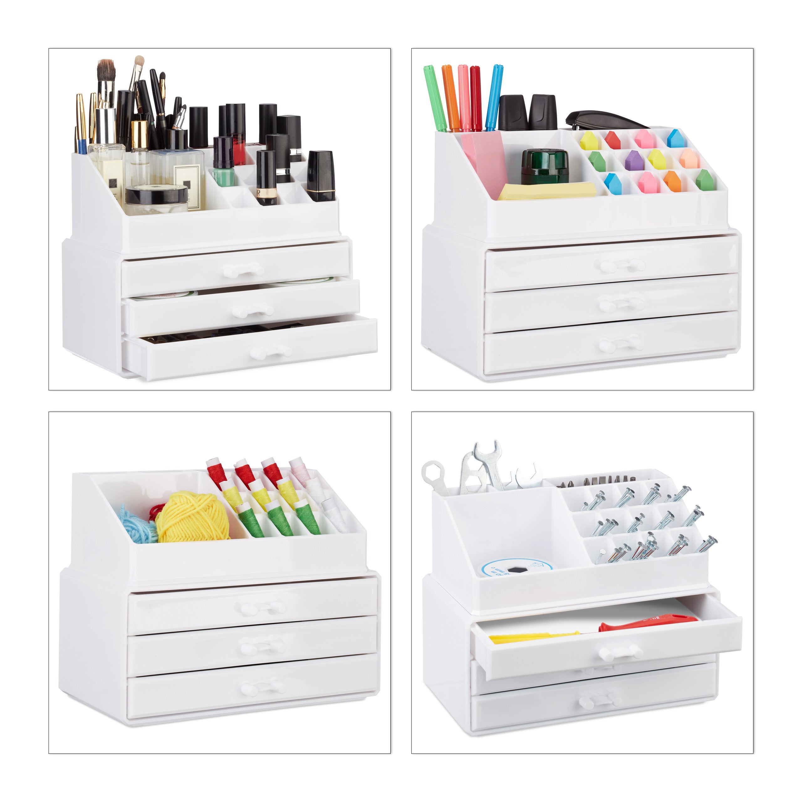 Organiseur de maquillage petit en 2 pièces, empilable avec 3 tiroirs et 19 compartiments en acrylique, 19 x 23,5 x 14 cm, blanc, Relaxdays - 3