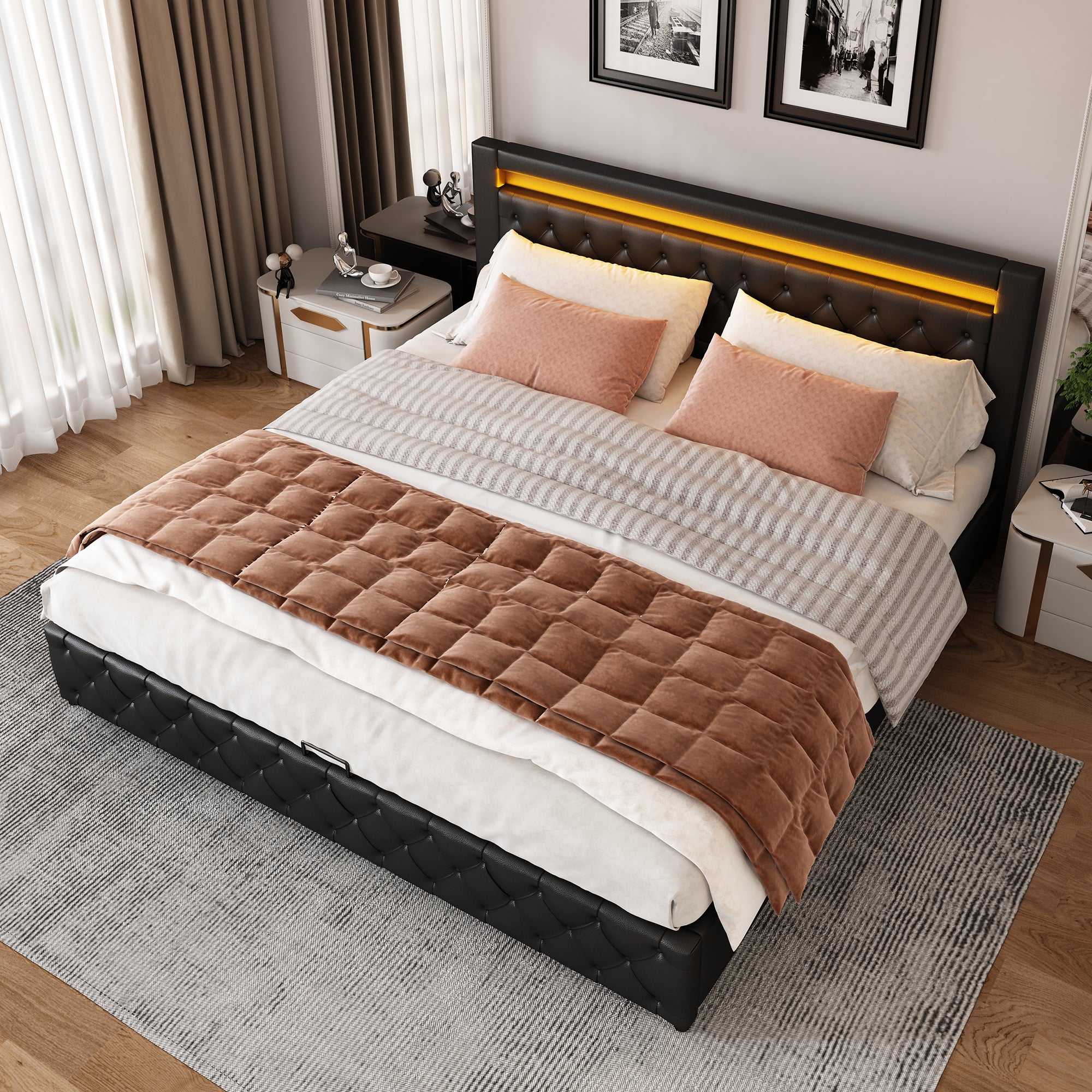 Cama contenedor con cabecero - 160 x 200 cm - Cuero PU y LED - Somier de láminas - Estilo contemporáneo - Negro - 6