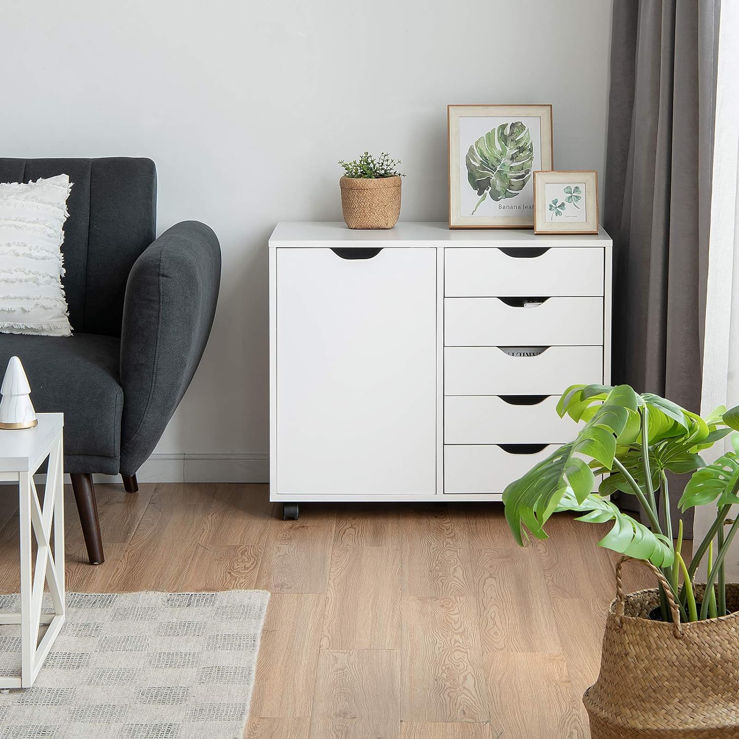 Caisson de Rangement à Roulettes 5 Tiroirs, Placard, Caisson Bureau Blanc avec Poignée Incurvée - 2