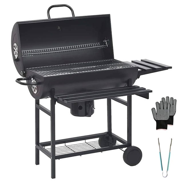 Barbecue A Carbone Con Coperchio Termometro Integrato Grill BBQ Con Ruote Ripiani Pinza E Guanti Ideale Per Giardino Balcone 112 x 63.5 x 97 Cm Nero