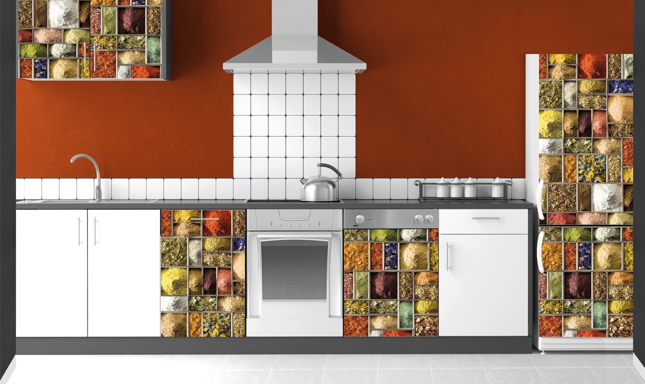 Pegatina decorativa para el refrigerador, composición de especias marroquíes en el efecto trompe l'oeil 3d superb, 59.5 cm x 180 cm