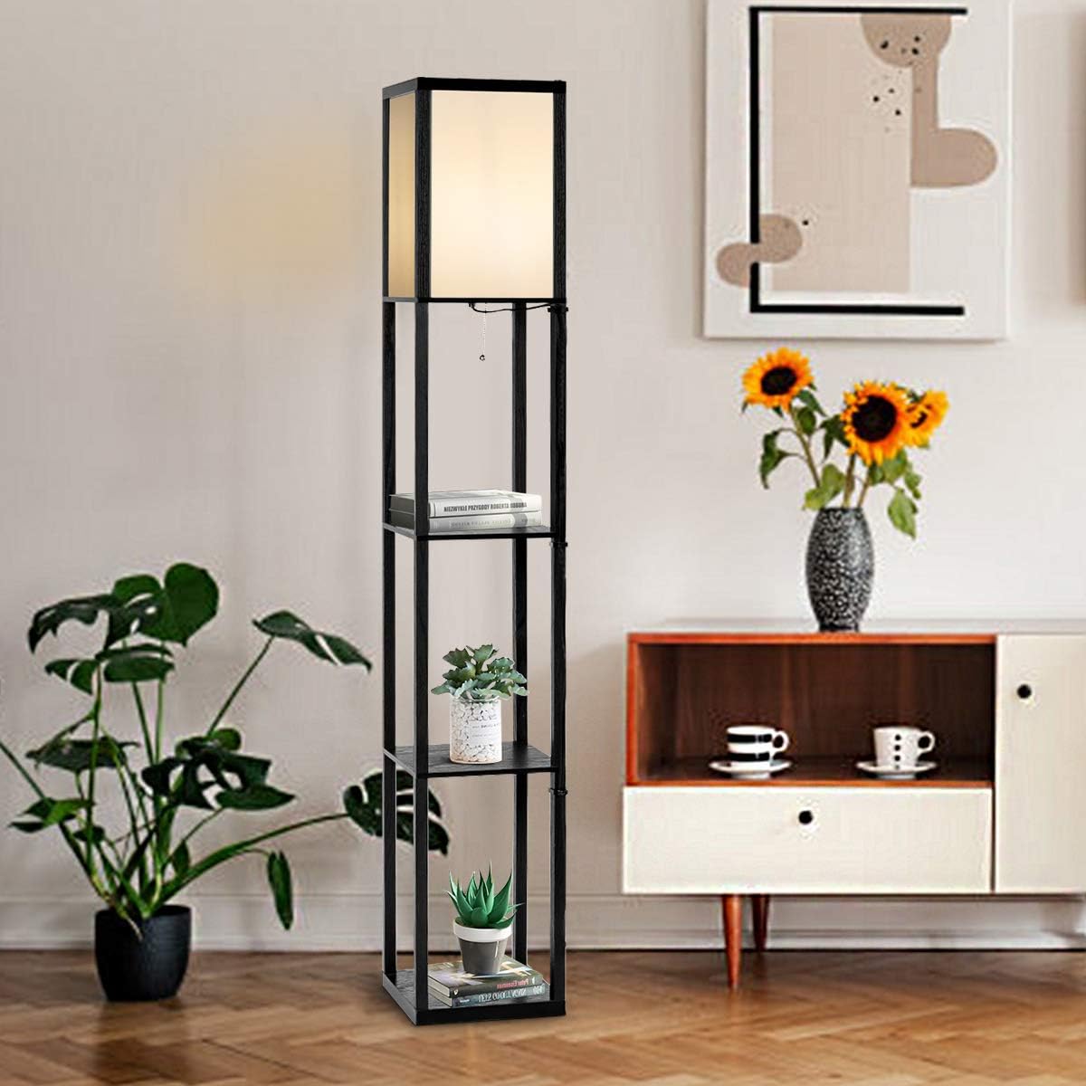 Lampadaire Interieur 1,6M avec Tablettes de Rangement a 3 Niveaux, Lampe sur Pied, Abat-jour en Tissu, Ampoule E27+60W(NON Inclue) (Noir) - 7
