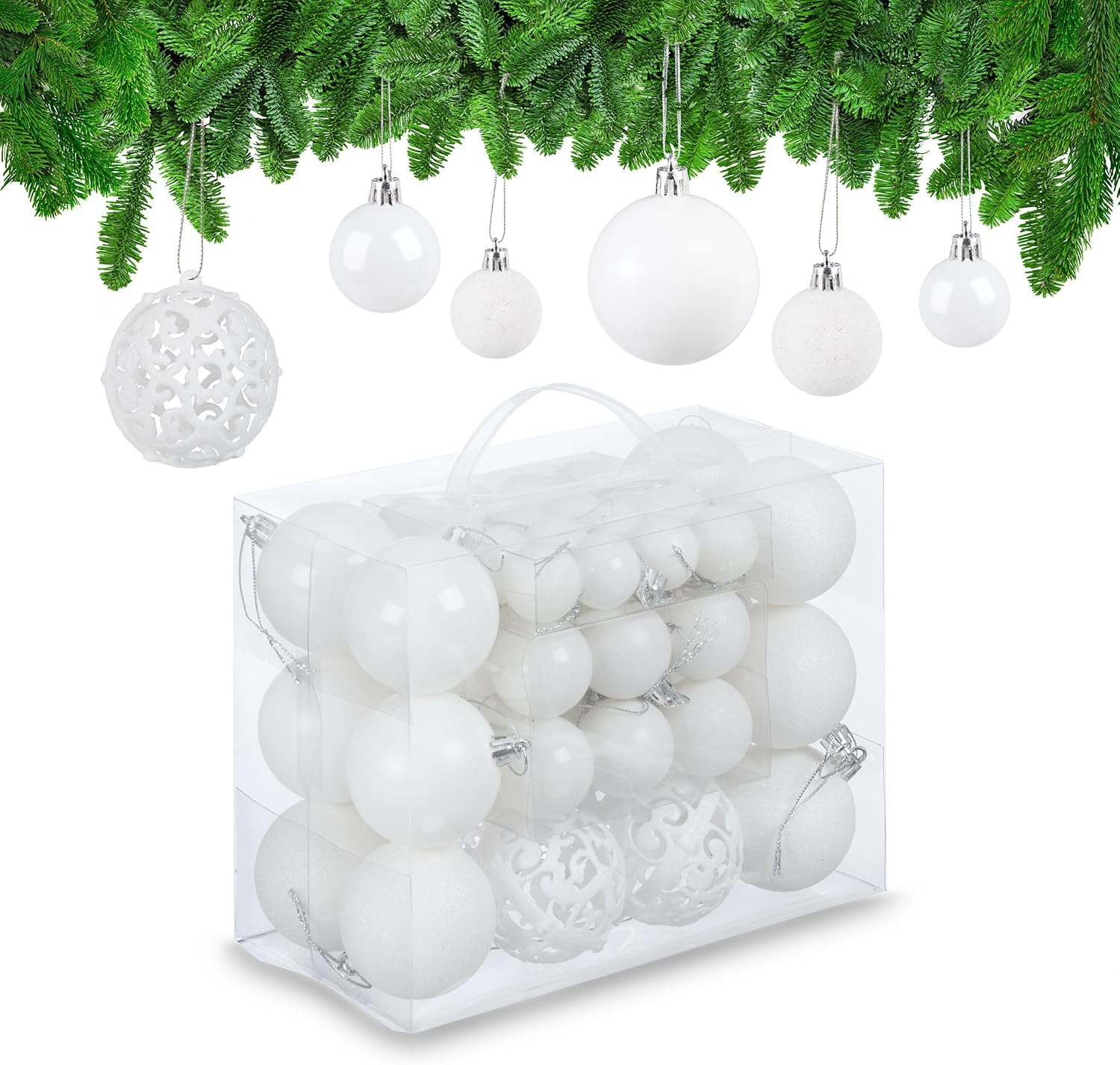 Ozdoby choinkowe, zestaw 50 szt., brokatowe, matowe, błyszczące, ozdoby choinkowe, plastikowe, średnice: 3, 4 i 6 cm, białe