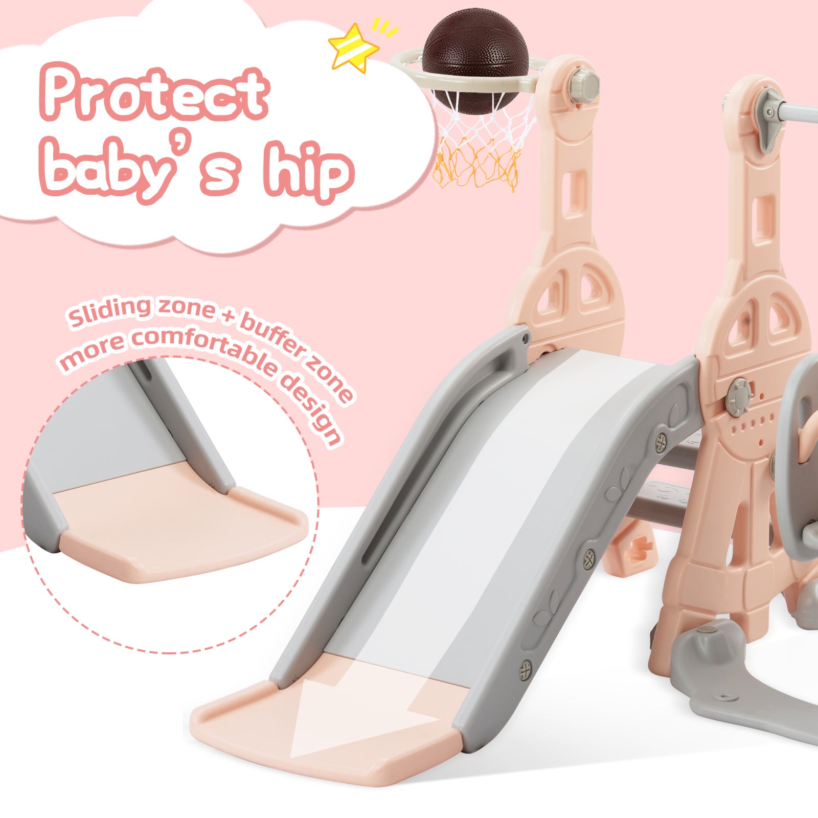 Toboggan pour Enfant 4 en 1 avec Panier de Basket,Enfant Balançoire Toboggans, échelle d'escalade, Aire de Jeux Intérieure et Extérieure, Rose - 5