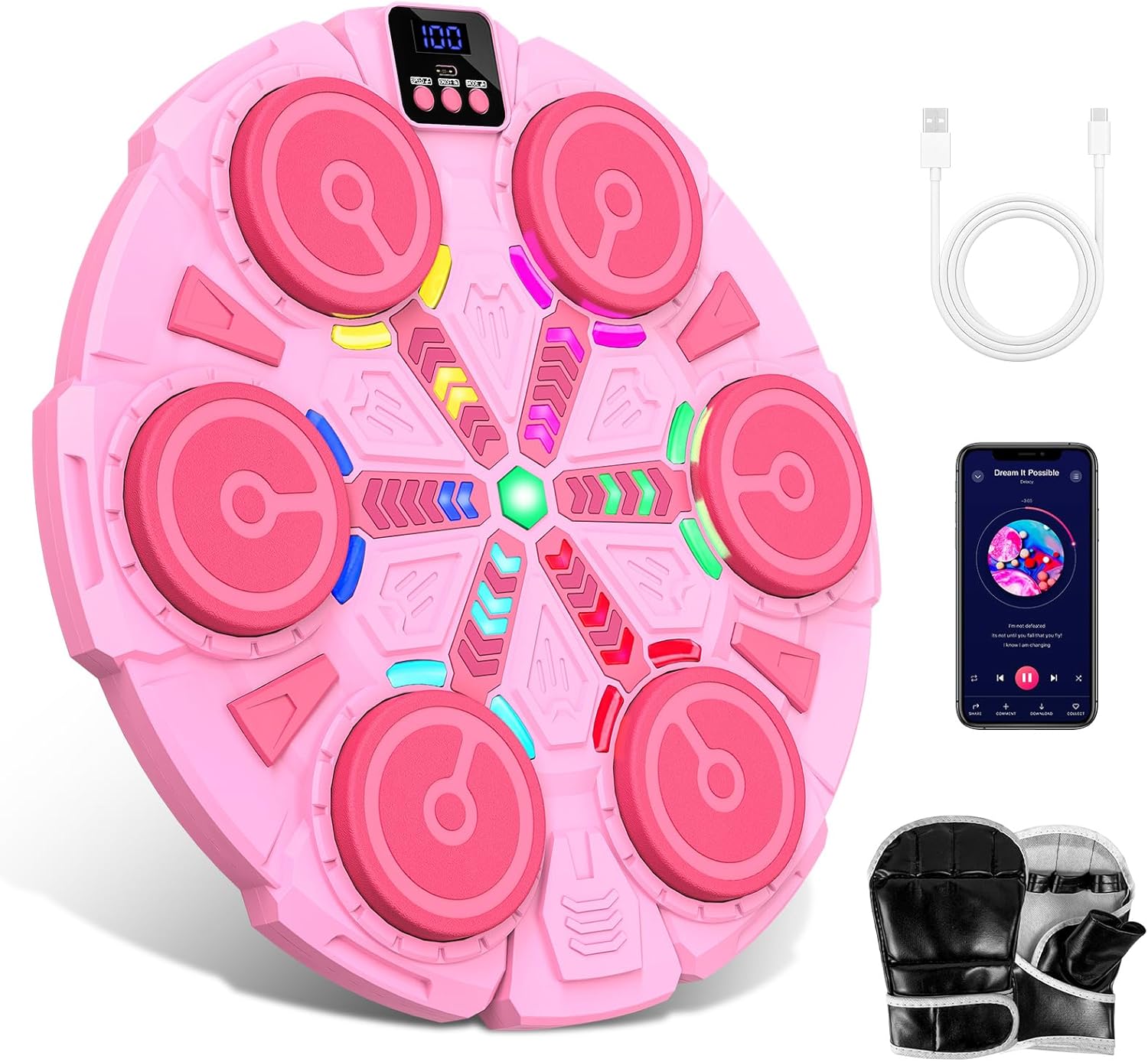 Music Boxing Machine Decathlon Macchina Da Boxe Musicale Wireless - Con Guantoni, Si Fissa A Parete, Regolabile, Con Luci E Sync Musicale Attrezzo Fitness Casa