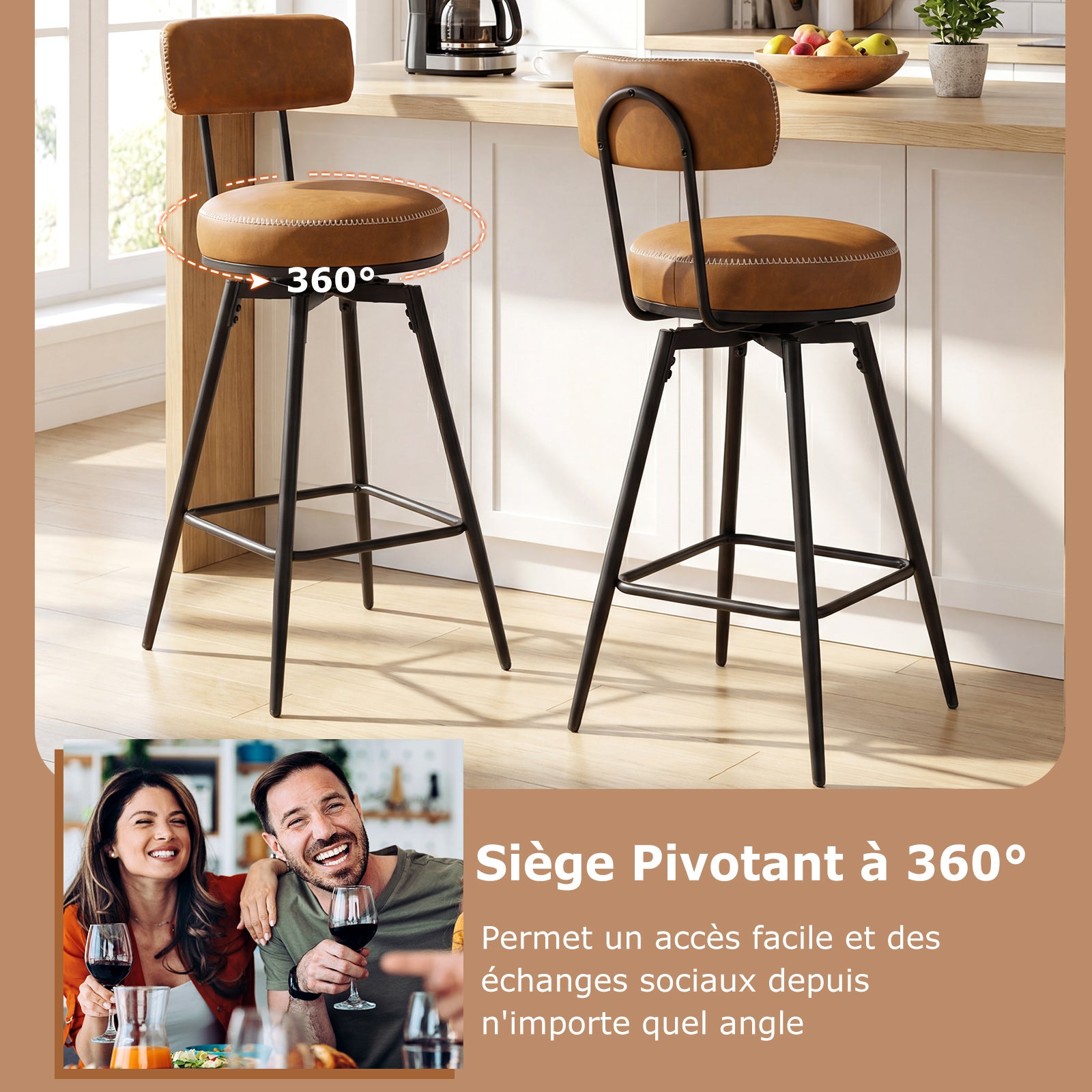 Lot de 2 Tabourets Bar Pivotants, Chaises de Bar avec Dossier Rembourré, Repose-Pieds, Pieds en Métal, Hauteur d'Assise 73 cm, Marron - 4