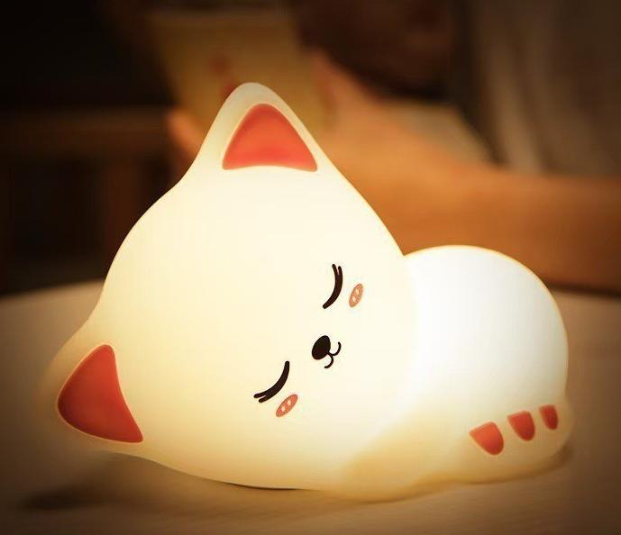 Luz nocturna de silicona con forma de gato, linda lámpara de noche, lámpara led para palmaditas, lámpara para dormir, regalo para niños (luz de color)
