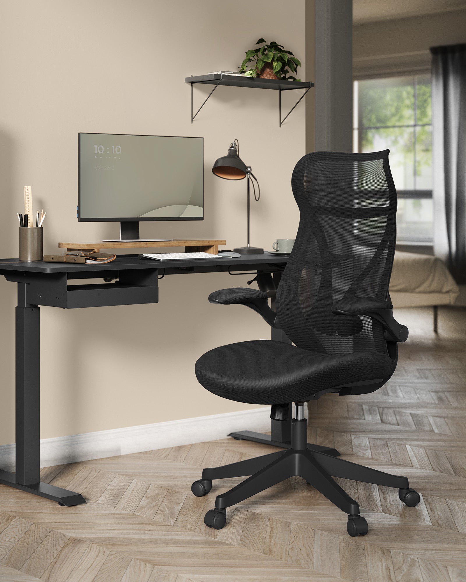Silla Ergonómico de Oficina, Altura Ajustable, Reposabrazos Plegables, Silla Giratoria con Reposacabezas, Carga de 150 kg, Negro Tinta - 2